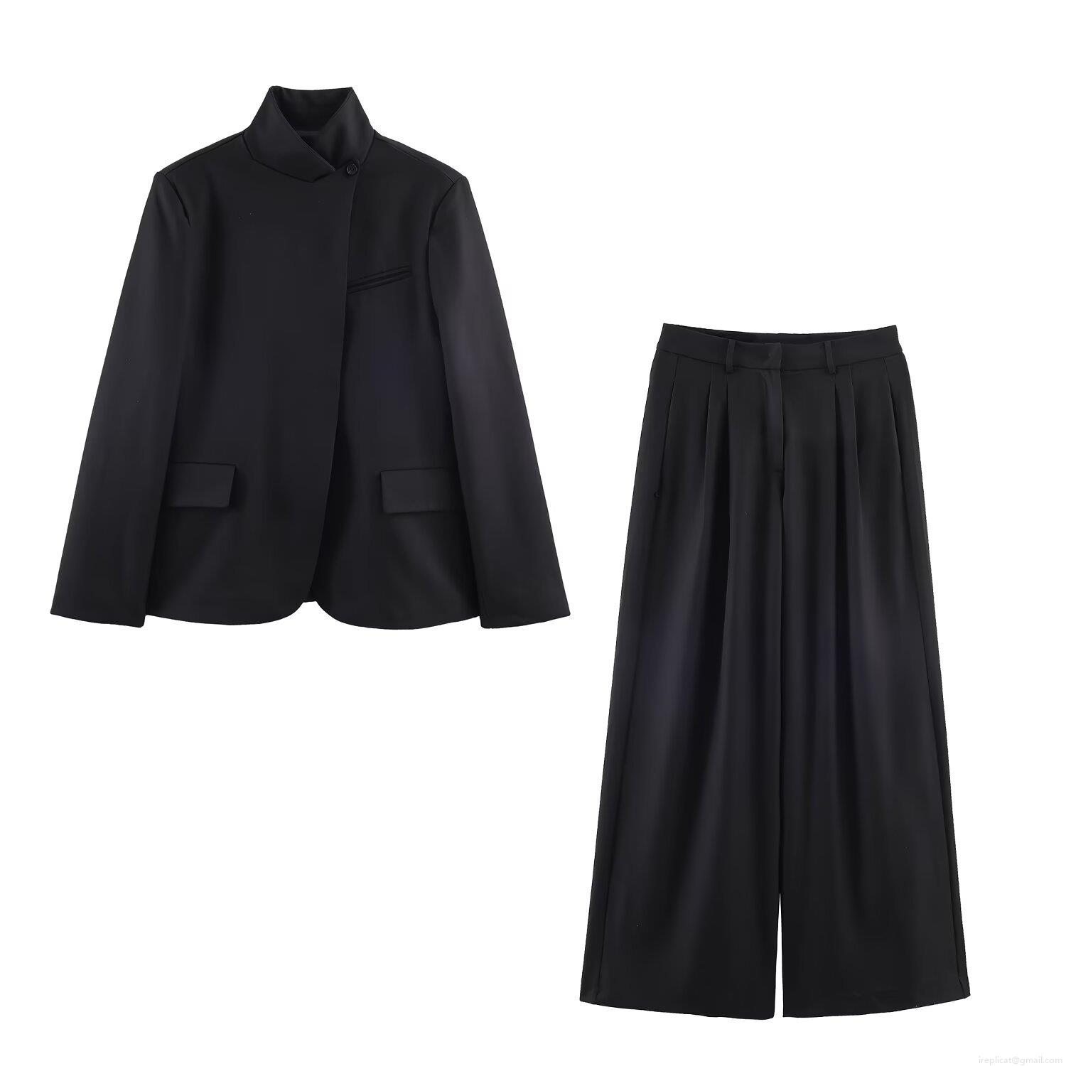 Women\'s Chic Two Piece Suit Set Asymmetric Stand Collar Blazer and High Waist Wide Leg Pants Streetwear Casual Office Outfit Polyester Solid Dark Gray