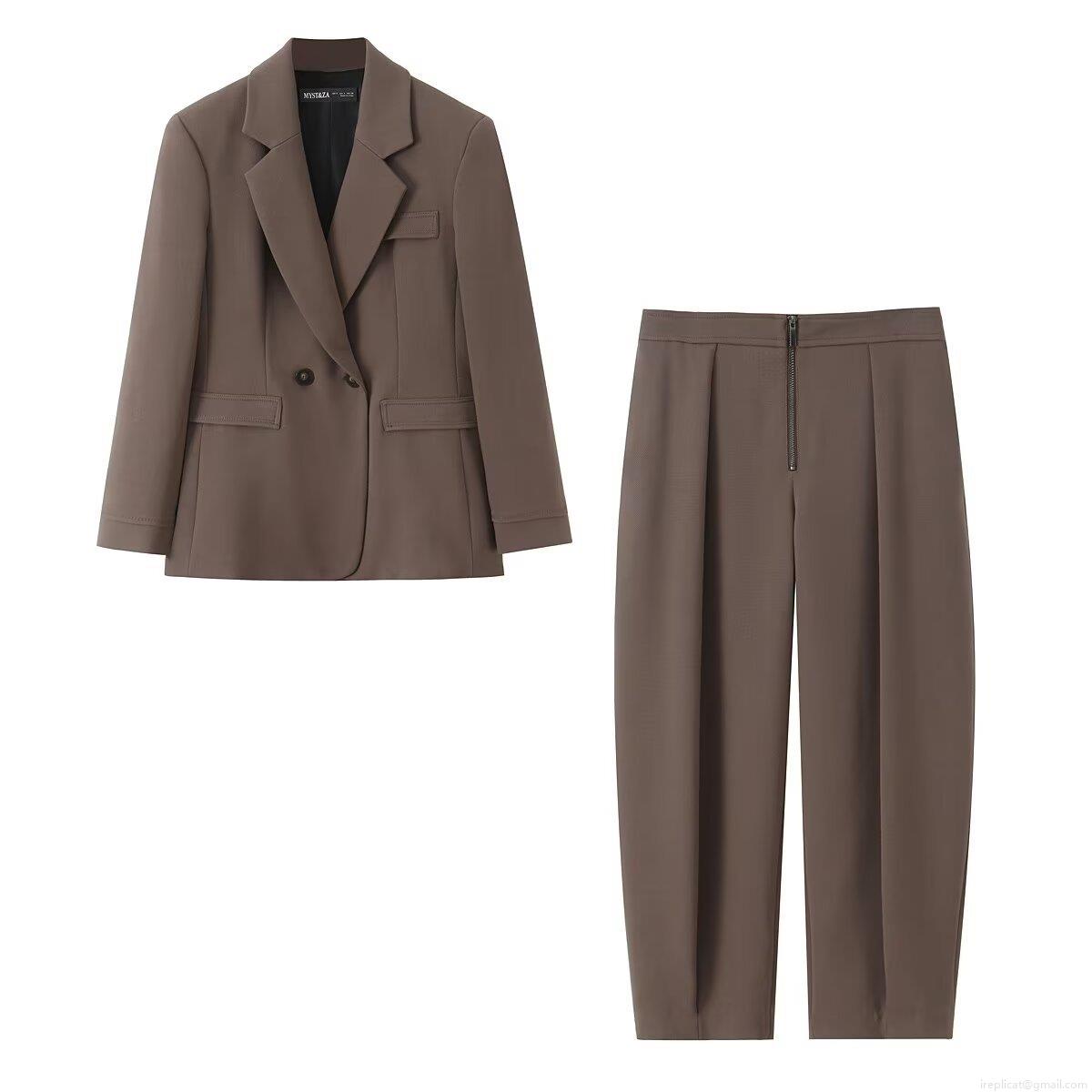 Women's Fashion Two-Piece Blazer Pants Set Polyester Double Breasted Padded Shoulder Blazer High Waist Wide Leg Trousers Mocha Brown Business Professional Outfit Suit Women's Fashion Two-Piece Blazer Pants Set Polyester Double Breasted Padded Shoulder Blazer High Waist Wide Leg Trousers Mocha Brown Business Professional Outfit Suit