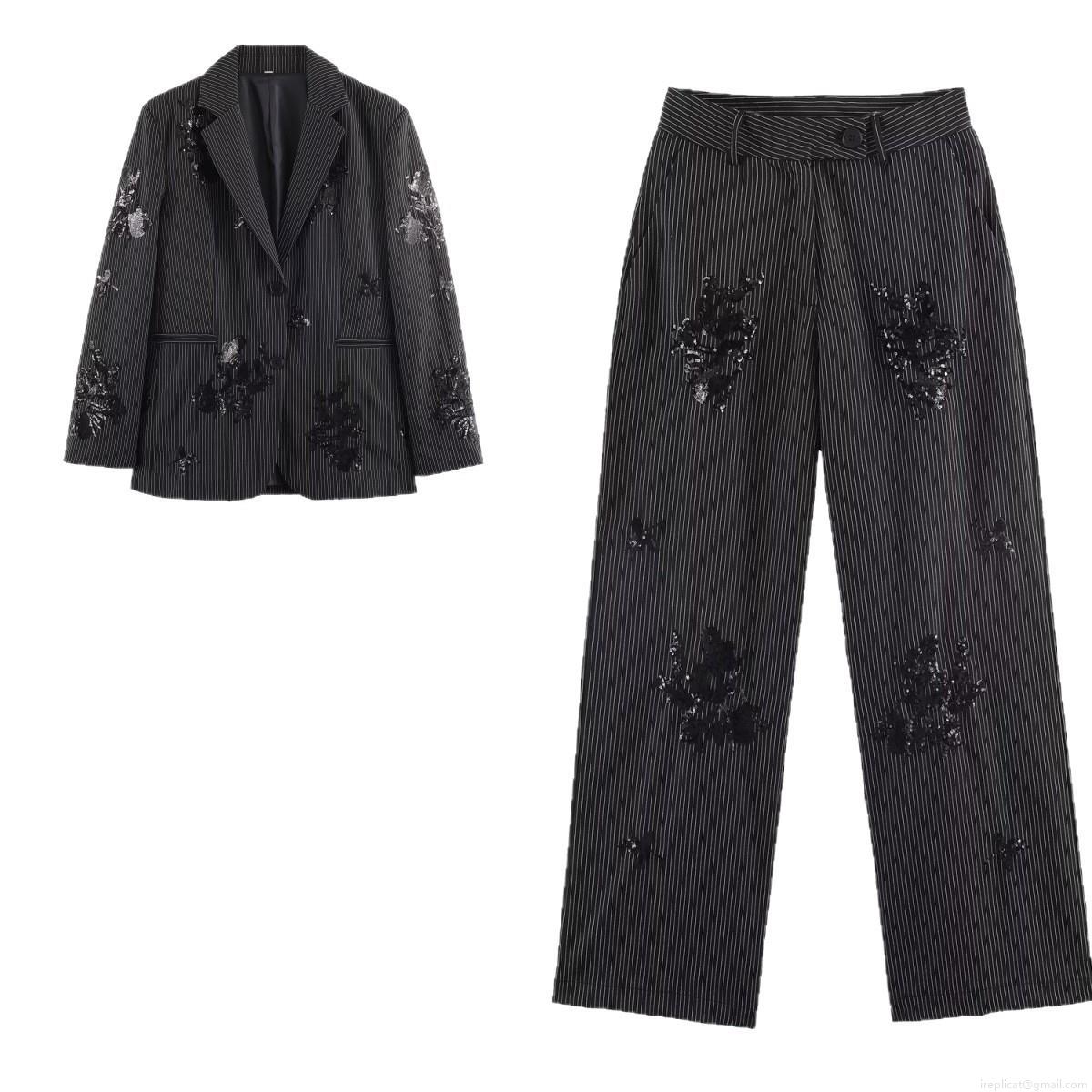 Women's Fashion Sequin Floral Embroidery Striped Blazer and Pants Set Elegant Notch Lapel Jacket Two Piece Suit Streetwear Business Casual Trousers Set Women's Fashion Sequin Floral Embroidery Striped Blazer and Pants Set Elegant Notch Lapel Jacket Two Piece Suit Streetwear Business Casual Trousers Set