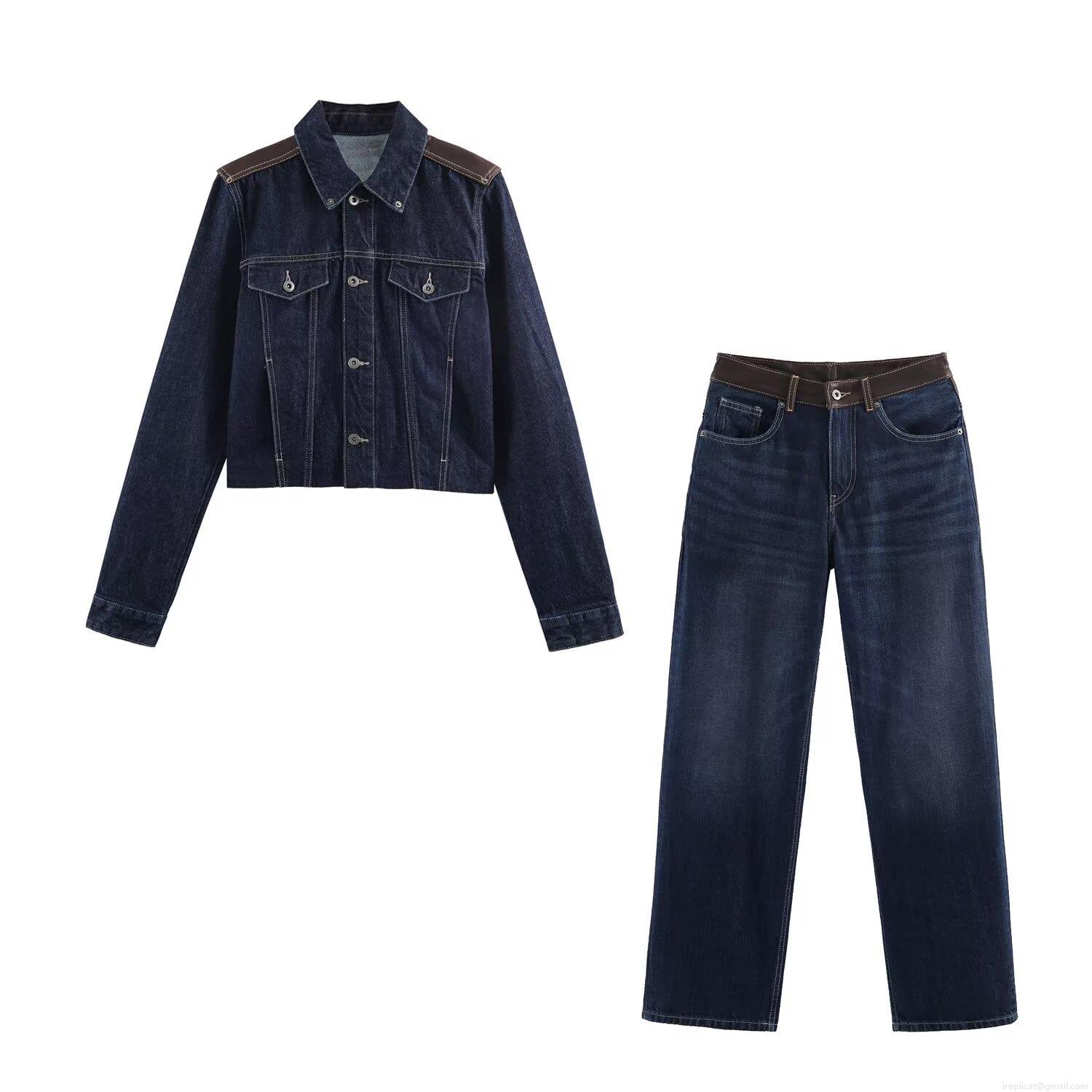 Women's Denim Jacket and Pants Two-Piece Set Leather Patchwork Dark Blue Streetwear Casual Spring Autumn Denim Outfit With Metal Buttons Women's Denim Jacket and Pants Two-Piece Set Leather Patchwork Dark Blue Streetwear Casual Spring Autumn Denim Outfit With Metal Buttons
