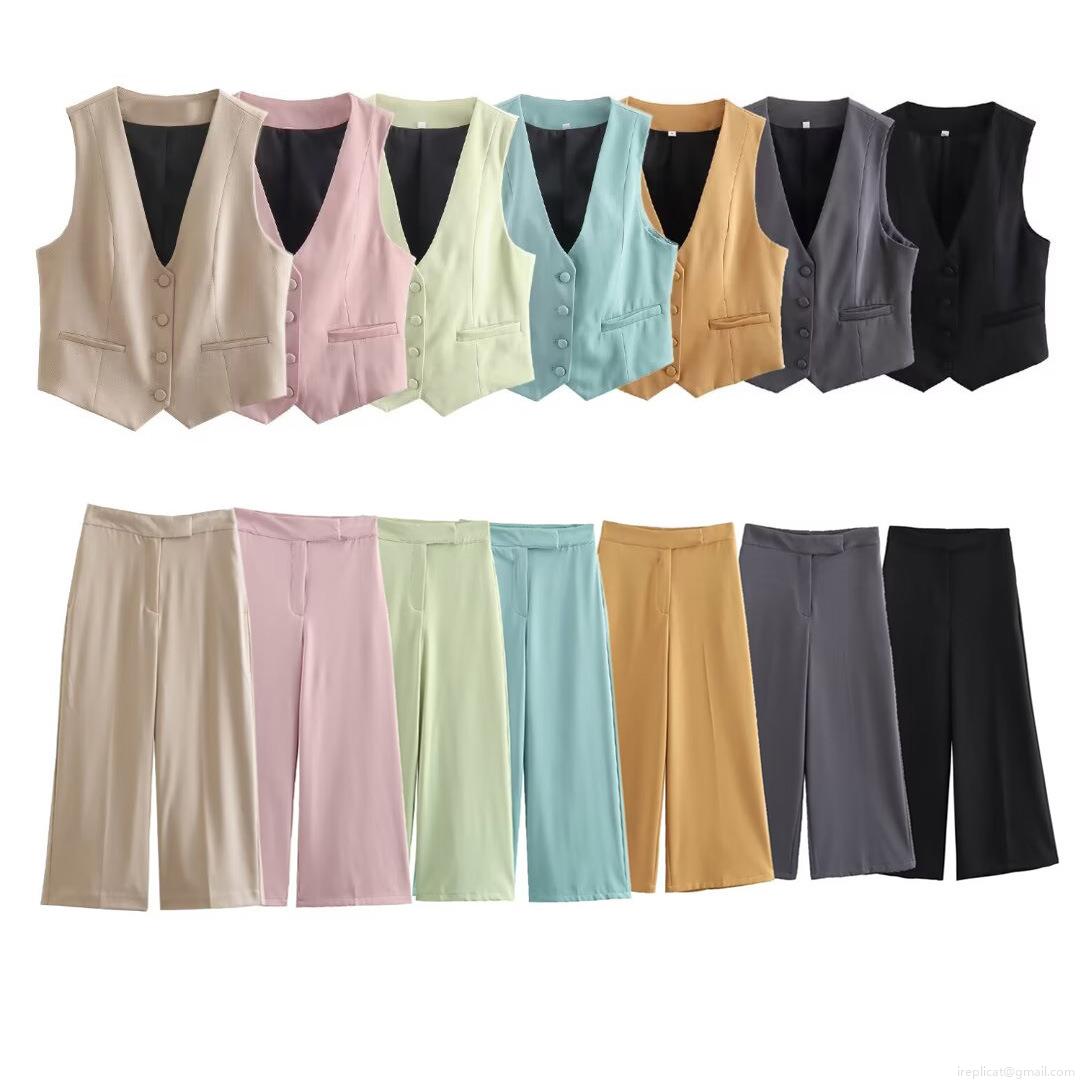 Women's 2 Piece Casual Business Outfits 100% Polyester Sleeveless V Neck Single Breasted Vest Waistcoat And High Waist Wide Leg Pants Set Solid Color Streetwear Set For Women Women's 2 Piece Casual Business Outfits 100% Polyester Sleeveless V Neck Single Breasted Vest Waistcoat And High Waist Wide Leg Pants Set Solid Color Streetwear Set For Women
