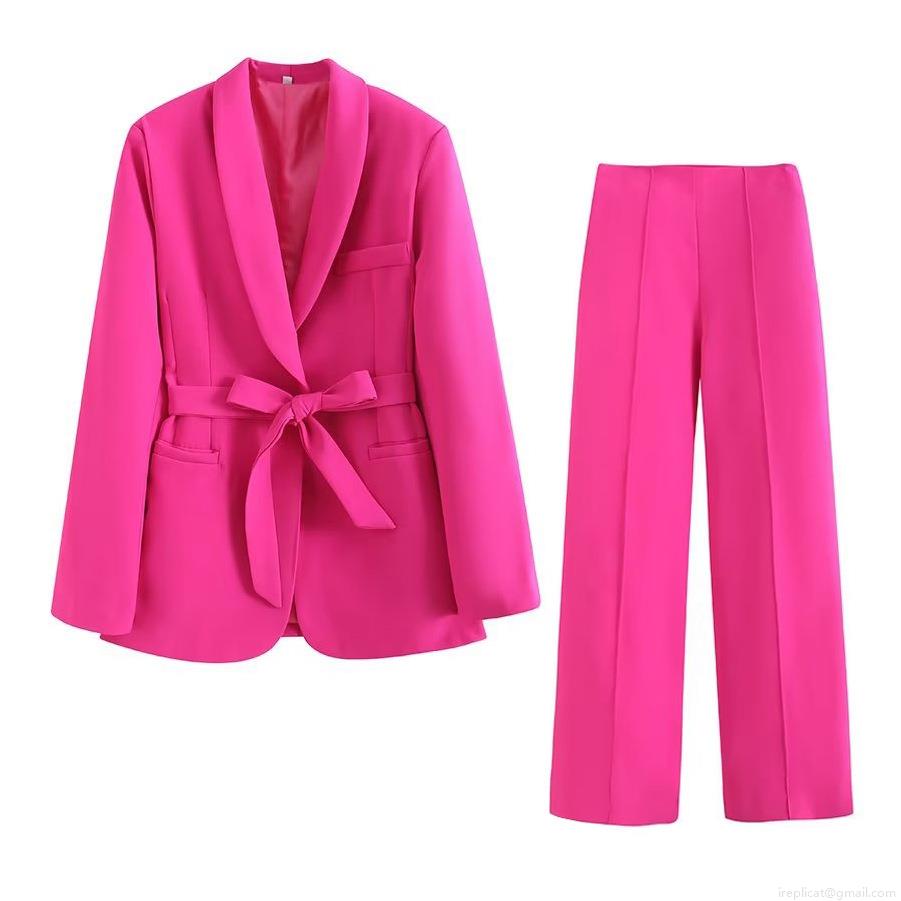 Women's Polyester Blazer Pants Set With Belt Solid Color Long Sleeve Suit Jacket Wide Leg Trousers For Office Commute Streetwear Lady Career Wear Women's Polyester Blazer Pants Set With Belt Solid Color Long Sleeve Suit Jacket Wide Leg Trousers For Office Commute Streetwear Lady Career Wear