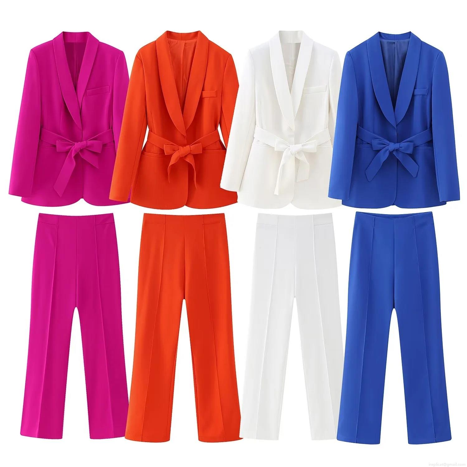 Elegant Women's Blazer Pant Set Long Sleeve Belted Waist Office Lady Business Suit High Waist Straight Trousers Two Piece Outfits Party Wedding Guest Sets Elegant Women's Blazer Pant Set Long Sleeve Belted Waist Office Lady Business Suit High Waist Straight Trousers Two Piece Outfits Party Wedding Guest Sets