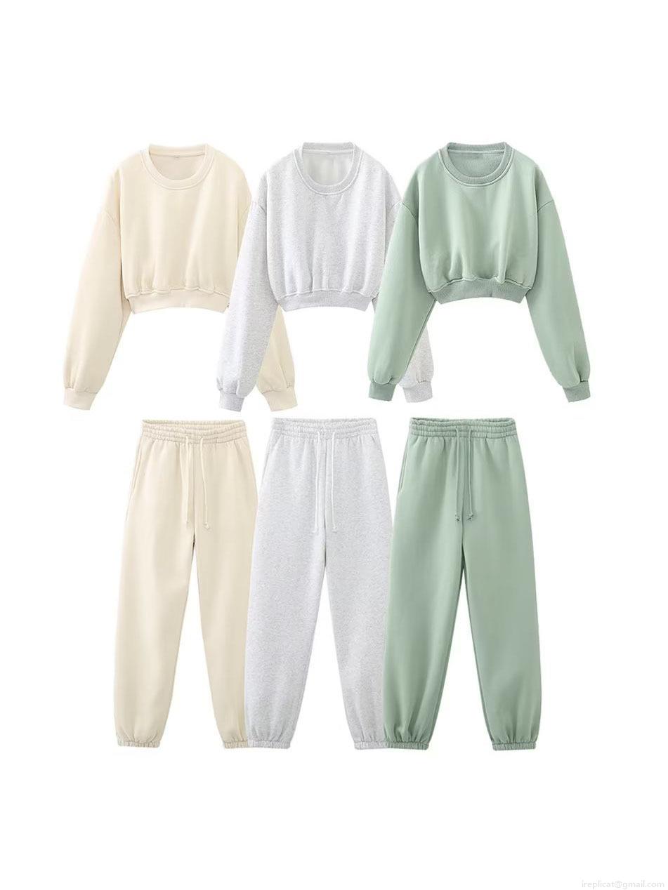 Women\'s Casual Solid Color 2 Piece Sweatshirt Set Long Sleeve Cropped Round Neck Pullover And Drawstring Jogger Sweatpants Loungewear Outfits For Fall Spring