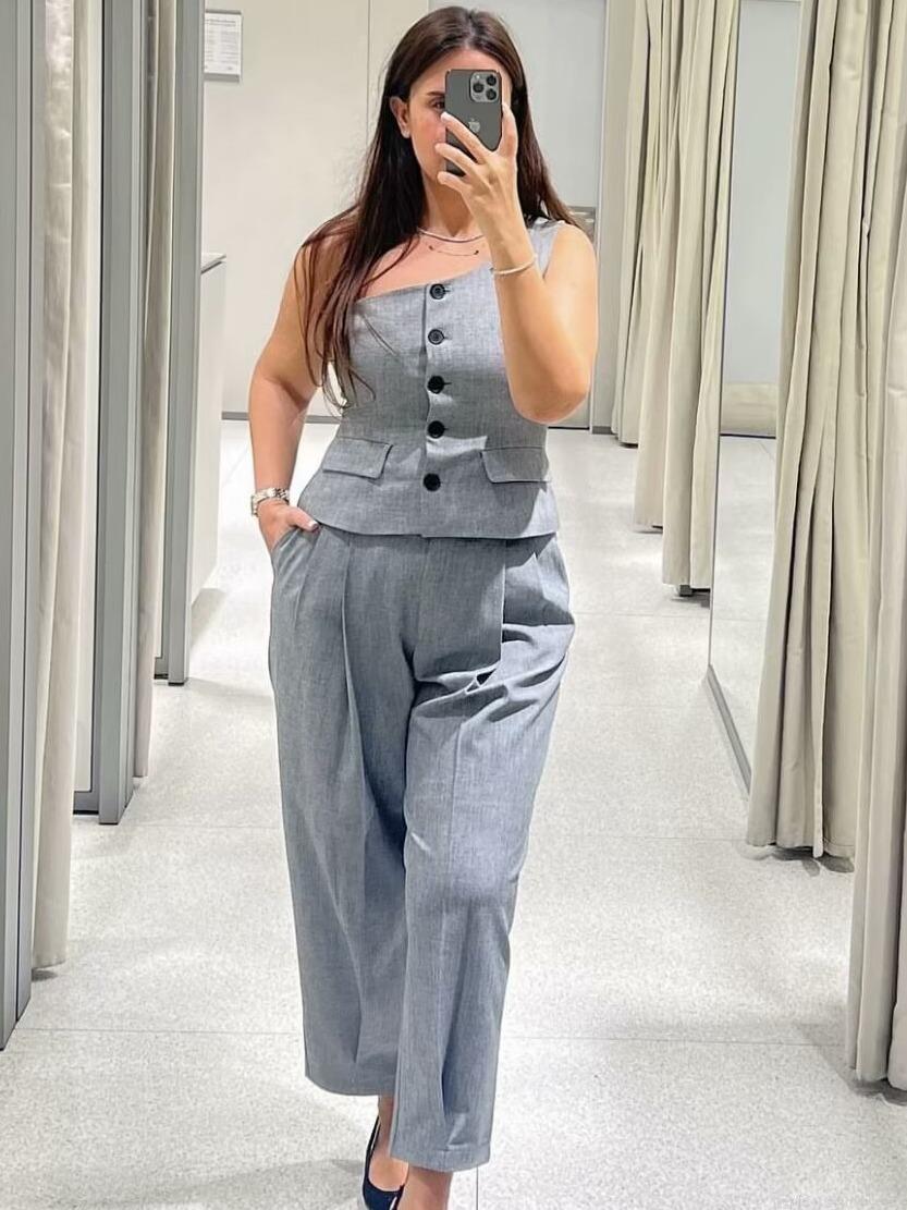Women Fashion Grey Two Piece Suit Asymmetric One Shoulder Button Vest And High Waist Wide Leg Pants Set Polyester Woven Office Lady Streetwear Outfit Women Fashion Grey Two Piece Suit Asymmetric One Shoulder Button Vest And High Waist Wide Leg Pants Set Polyester Woven Office Lady Streetwear Outfit