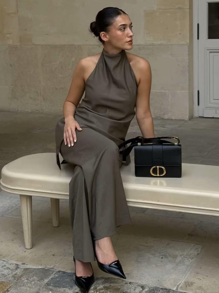 Women's Minimalist Two-Piece Set Halter Neck Asymmetric Top And Wide Leg Drawstring Pants Elegant Polyester Solid Color Summer Casual Outfit Set Women's Minimalist Two-Piece Set Halter Neck Asymmetric Top And Wide Leg Drawstring Pants Elegant Polyester Solid Color Summer Casual Outfit Set