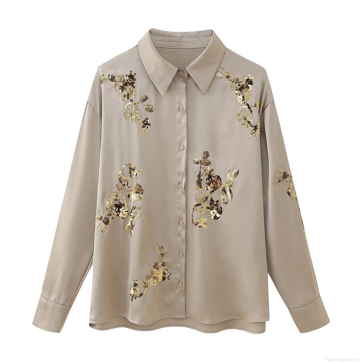 Women's Two Piece Set Sequin Floral Embroidery Satin Polyester Long Sleeve Button Down Shirt and Wide Leg Pants Casual Streetwear Party Outfits Elegant Evening Loungewear Women's Two Piece Set Sequin Floral Embroidery Satin Polyester Long Sleeve Button Down Shirt and Wide Leg Pants Casual Streetwear Party Outfits Elegant Evening Loungewear
