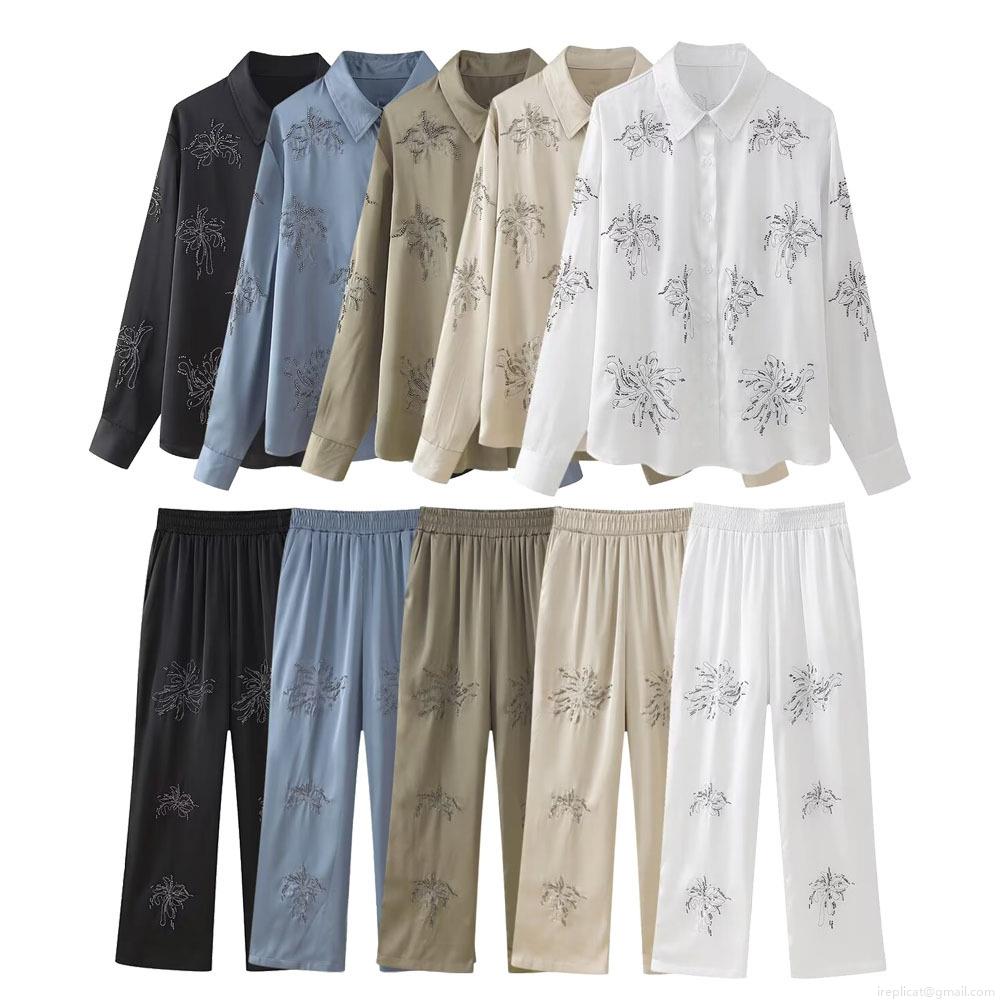 Women's Two Piece Pants Set Elegant Satin Floral Embroidered Beading Long Sleeve Shirt High Waist Wide Leg Trousers Casual Outfits Women's Two Piece Pants Set Elegant Satin Floral Embroidered Beading Long Sleeve Shirt High Waist Wide Leg Trousers Casual Outfits