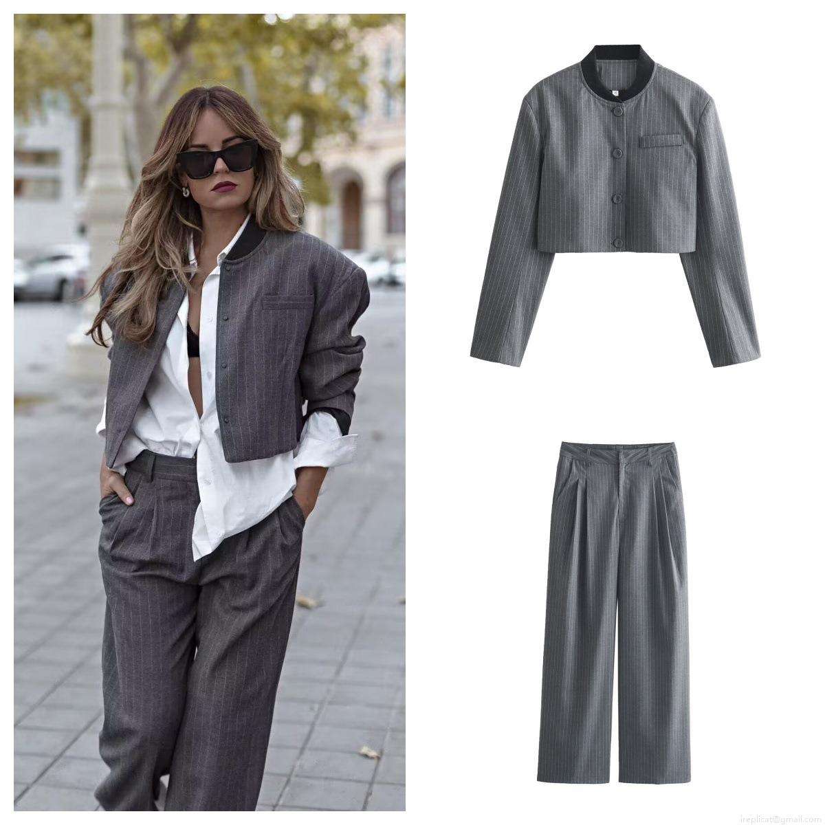 Women's 2 Piece Striped Polyester Suit Casual Cropped Jacket with Wide Leg Trousers Sets for Work Streetwear Summer Autumn Fashion Women's 2 Piece Striped Polyester Suit Casual Cropped Jacket with Wide Leg Trousers Sets for Work Streetwear Summer Autumn Fashion