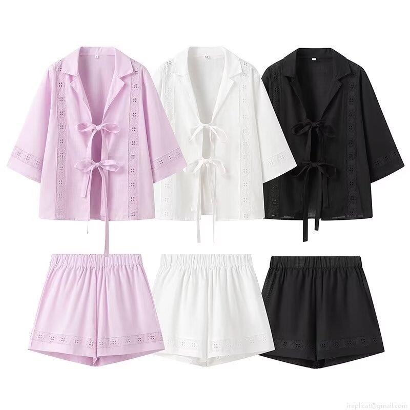 Women's Summer 2-Piece Set Polyester Hollow Out Lace Tie-Front Long Sleeve Shirt And Elastic Waist Shorts Casual Solid Color Beach Vacation Streetwear Outfits Women's Summer 2-Piece Set Polyester Hollow Out Lace Tie-Front Long Sleeve Shirt And Elastic Waist Shorts Casual Solid Color Beach Vacation Streetwear Outfits
