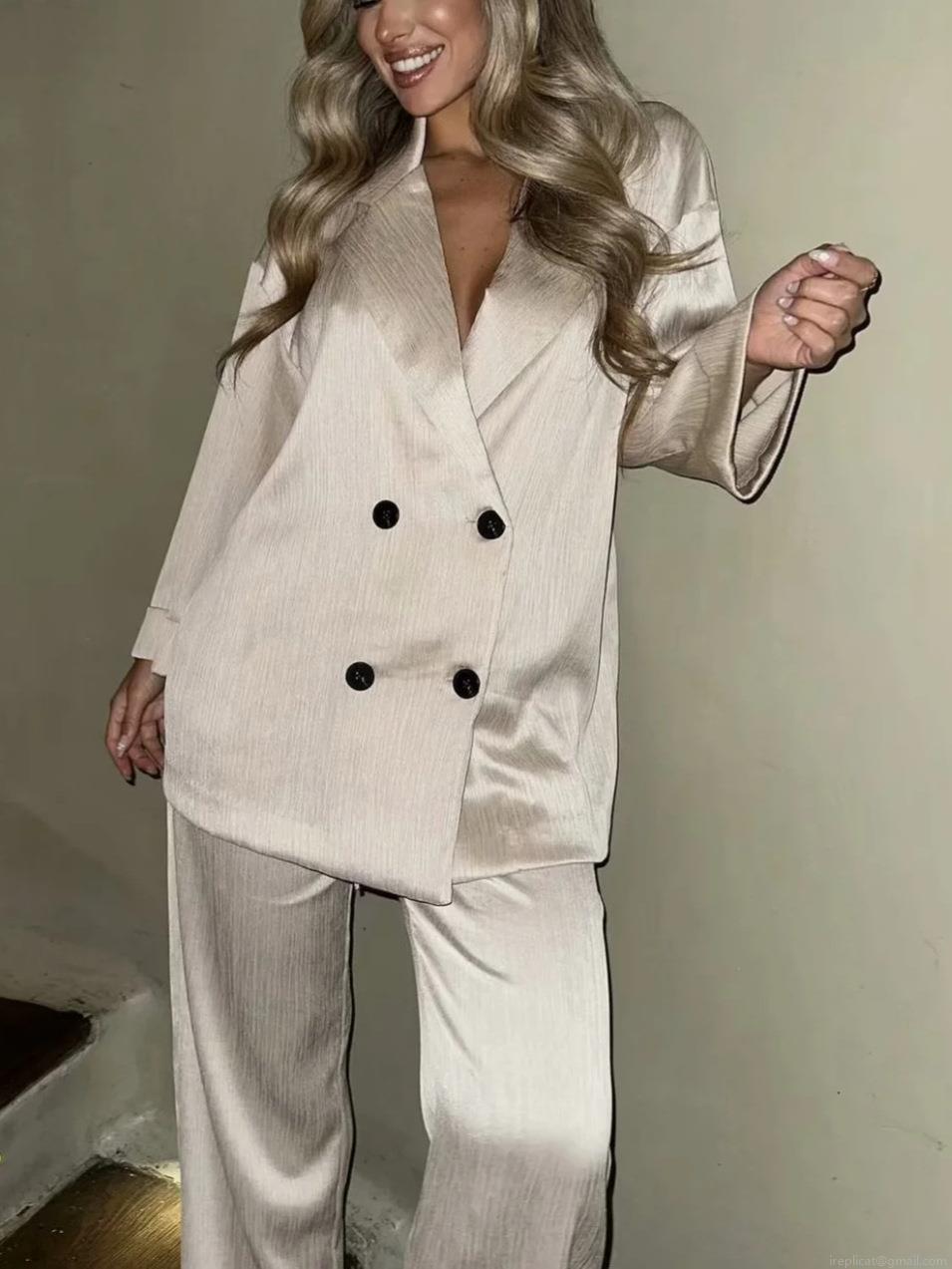 Women Double Breasted Satin Pleated Blazer And Wide Leg Pants Two Piece Set Loose Long Sleeve Casual Office Lady Streetwear Suit Pink Black Apricot Women Double Breasted Satin Pleated Blazer And Wide Leg Pants Two Piece Set Loose Long Sleeve Casual Office Lady Streetwear Suit Pink Black Apricot
