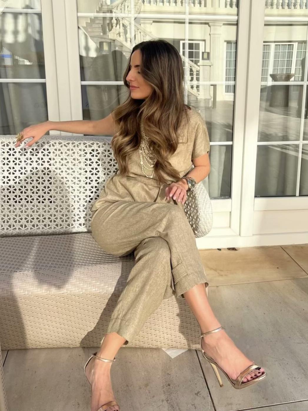 Women Fashion Two Piece Pants Set Sleeveless Asymmetric Belted Top and Straight 9-Point Pants Solid Color Elegant Street Casual Woven Polyester Outfit Women Fashion Two Piece Pants Set Sleeveless Asymmetric Belted Top and Straight 9-Point Pants Solid Color Elegant Street Casual Woven Polyester Outfit