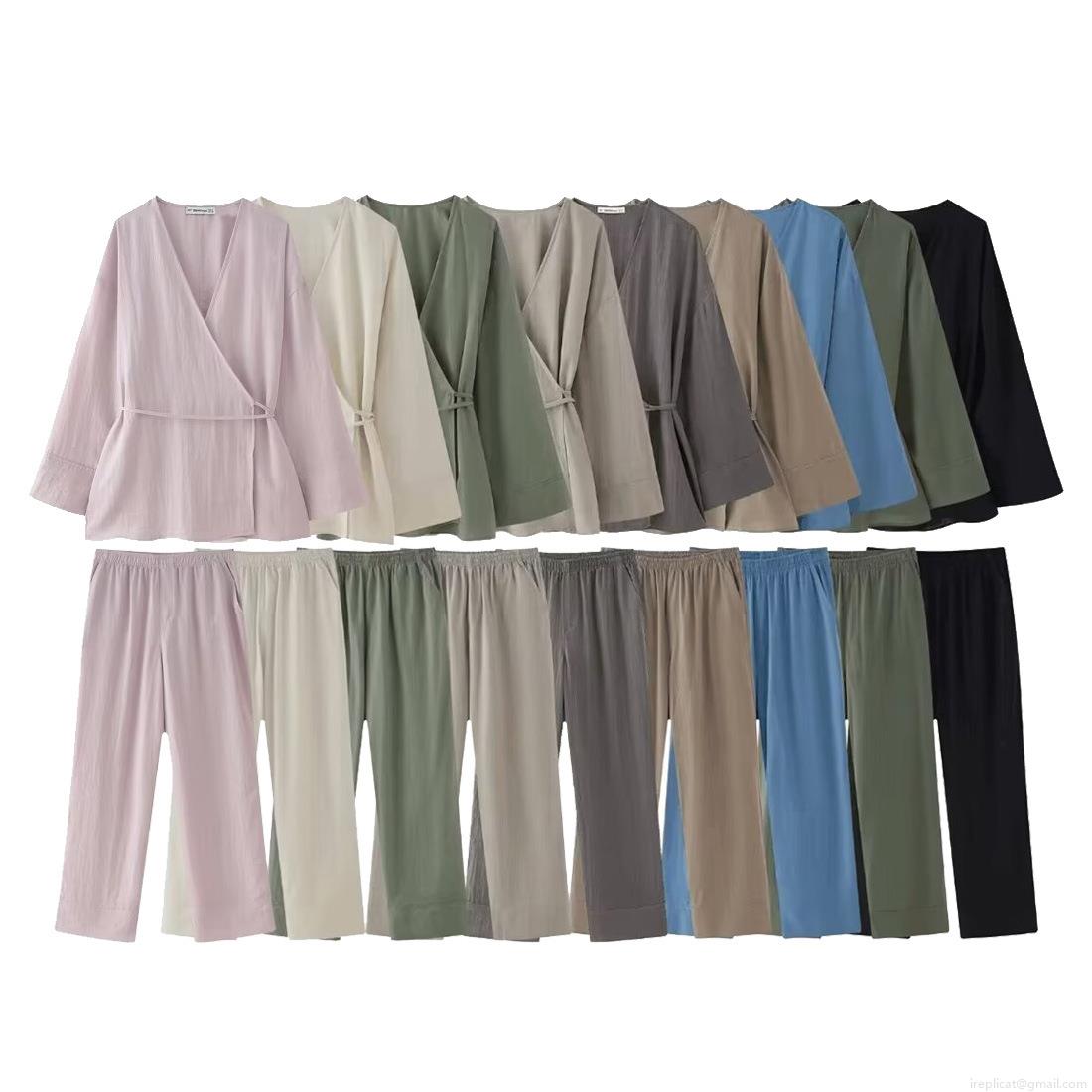 Women's 2 Piece Kimono Lounge Set Loose Long Sleeve Wrap Tie Top and Wide Leg Pants Casual Summer Streetwear Outfit Polyester Solid Suit Women's 2 Piece Kimono Lounge Set Loose Long Sleeve Wrap Tie Top and Wide Leg Pants Casual Summer Streetwear Outfit Polyester Solid Suit