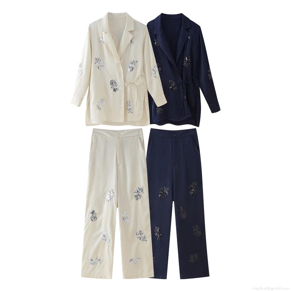Women's Elegant Satin Two Piece Suit Set Sequin Flower Blazer Jacket And Wide Leg Pants Casual Streetwear Party Outfits Lady Women's Elegant Satin Two Piece Suit Set Sequin Flower Blazer Jacket And Wide Leg Pants Casual Streetwear Party Outfits Lady