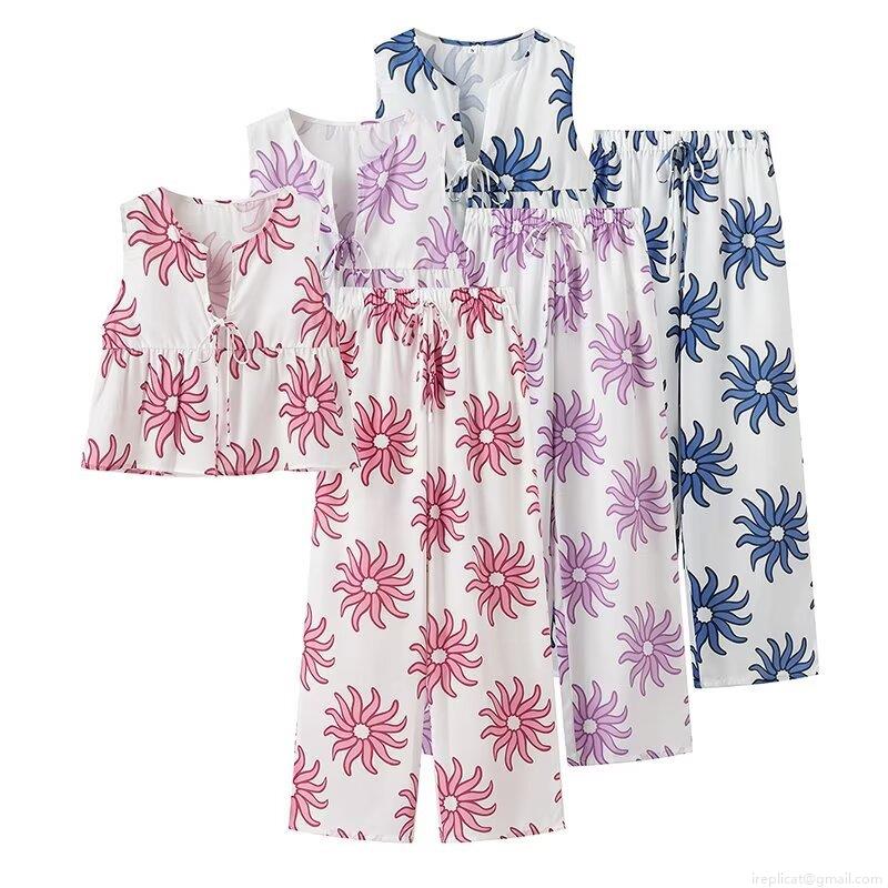 Women's 2 Piece Casual Outfits Sunflower Printed V Neck Sleeveless Tie Front Crop Top And Wide Leg Long Pants Set Summer Streetwear Women's 2 Piece Casual Outfits Sunflower Printed V Neck Sleeveless Tie Front Crop Top And Wide Leg Long Pants Set Summer Streetwear
