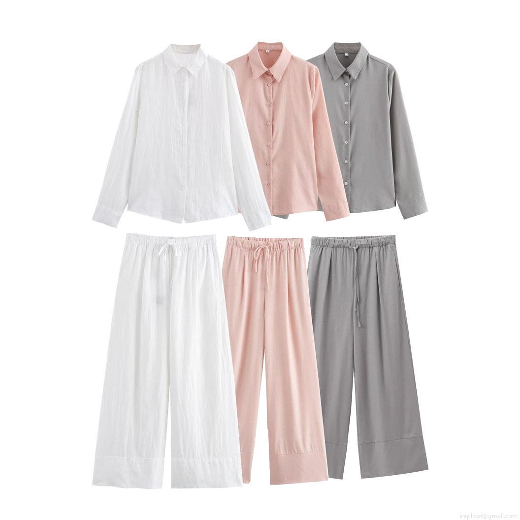 Women Casual 2 Piece Set Button Down Long Sleeve Lapel Shirt And High Waist Drawstring Wide Leg Pants Solid Color Loungewear Tracksuit Outfits Women Casual 2 Piece Set Button Down Long Sleeve Lapel Shirt And High Waist Drawstring Wide Leg Pants Solid Color Loungewear Tracksuit Outfits