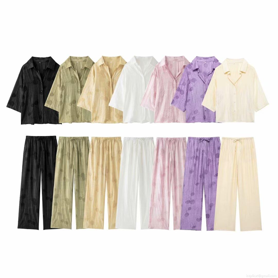 Women's 2-Piece Casual Set Polyester Jacquard Short Sleeve Lapel Button Shirt and Elastic Drawstring Wide Leg Pants Summer Streetwear Outfit Women's 2-Piece Casual Set Polyester Jacquard Short Sleeve Lapel Button Shirt and Elastic Drawstring Wide Leg Pants Summer Streetwear Outfit