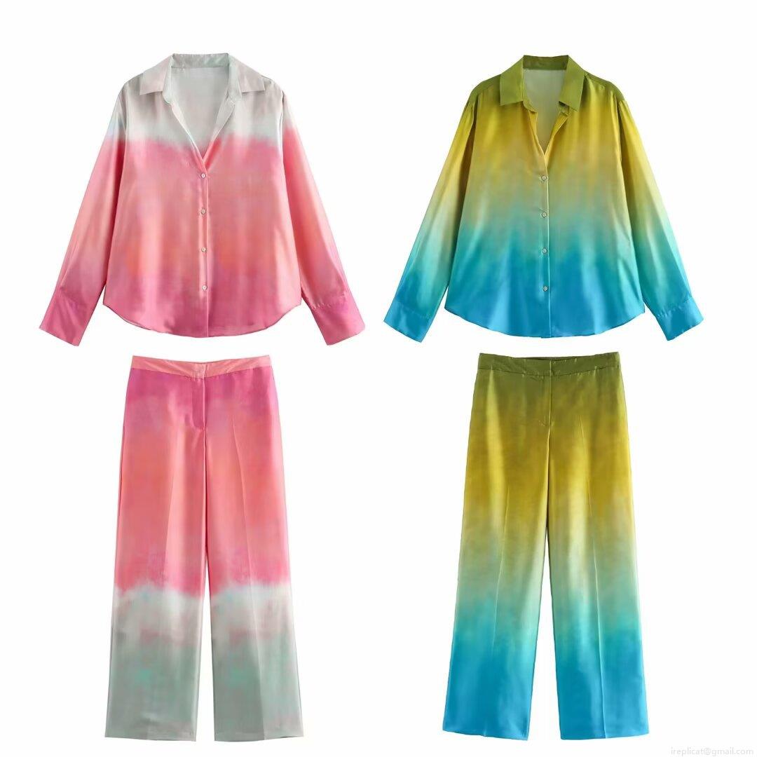 Women's Two Piece Set Tie Dye Gradient Satin Polyester Long Sleeve Button Down Shirt and High Waist Wide Leg Pants Casual Streetwear Outfits Women's Two Piece Set Tie Dye Gradient Satin Polyester Long Sleeve Button Down Shirt and High Waist Wide Leg Pants Casual Streetwear Outfits