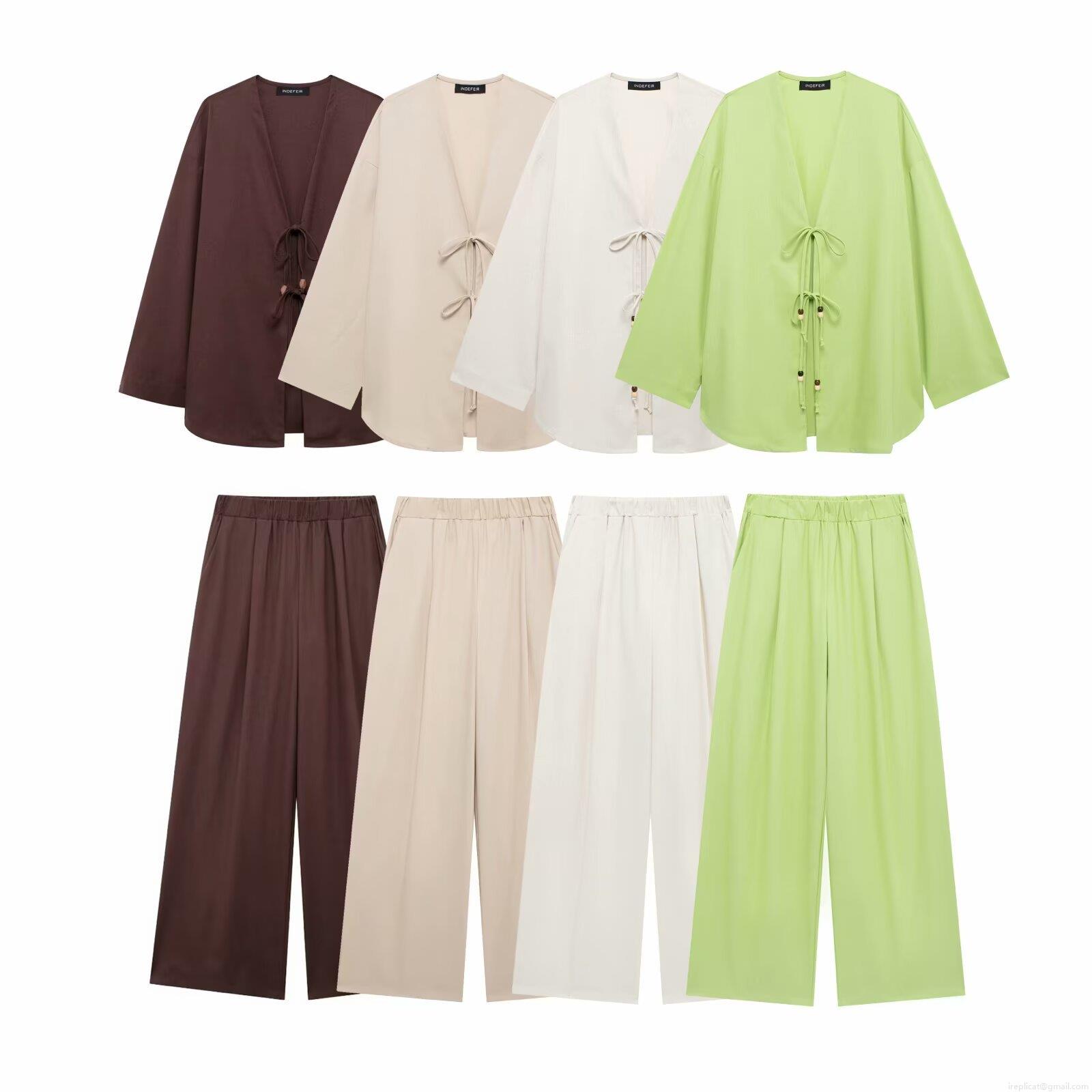 Women's New Chinese Style Cotton Linen Two Piece Outfits Loose Kimono Jacket And Wide Leg Pants Set Casual Long Sleeve Tie Up Cardigan With Wood Beads Women's New Chinese Style Cotton Linen Two Piece Outfits Loose Kimono Jacket And Wide Leg Pants Set Casual Long Sleeve Tie Up Cardigan With Wood Beads