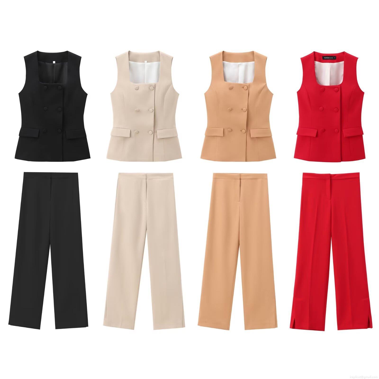 Women Fashion Double Breasted Square Neck Vest And High Waist Wide Leg Long Pants Set Elegant Solid Color Office Commuter Two Piece Outfits For Autumn Spring Women Fashion Double Breasted Square Neck Vest And High Waist Wide Leg Long Pants Set Elegant Solid Color Office Commuter Two Piece Outfits For Autumn Spring