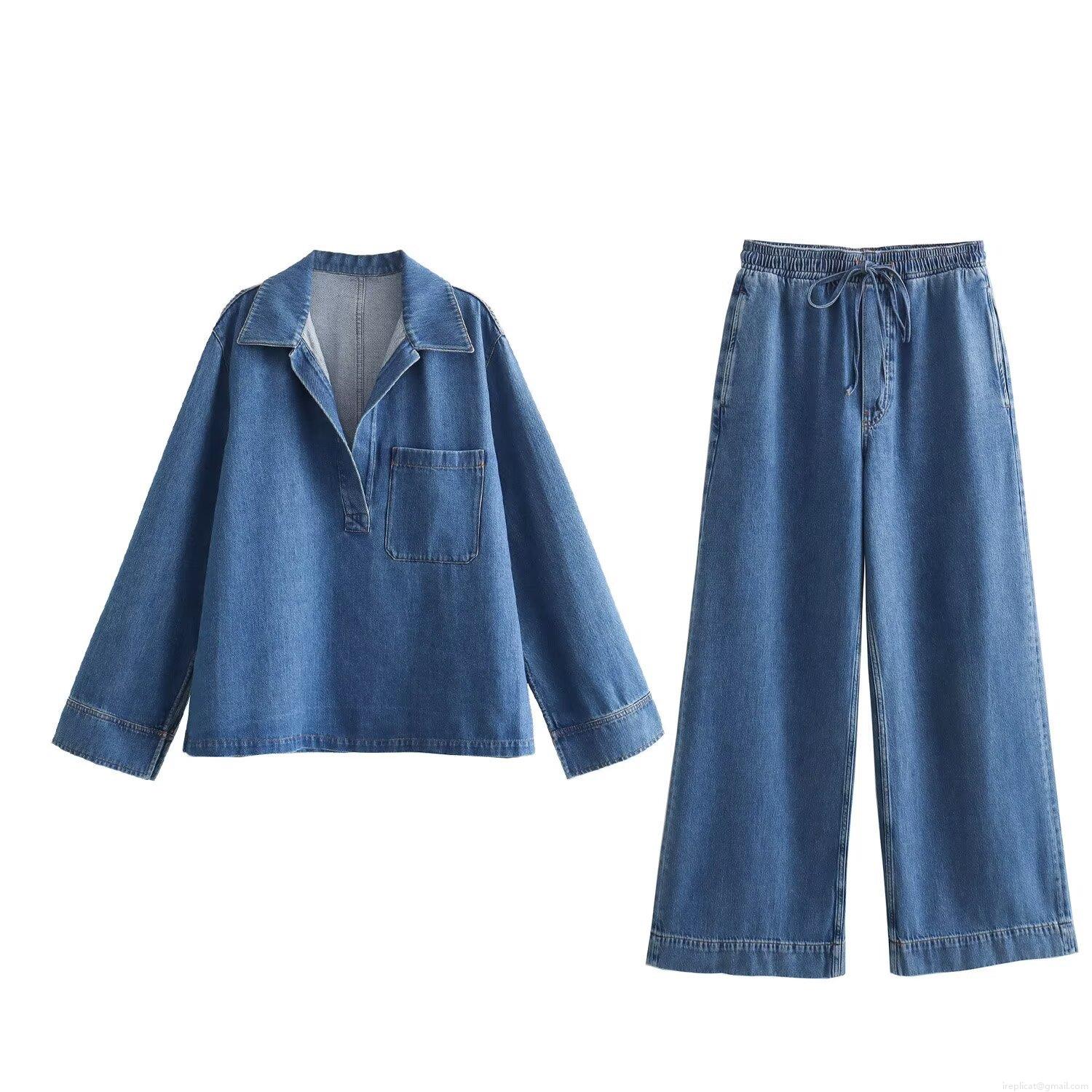 Women's Street Fashion Denim Two Piece Set Long Sleeve Lapel Polo Neck Top and Elastic Drawstring Waist Wide Leg Pants Casual Washed Cotton Blend Outfit Women's Street Fashion Denim Two Piece Set Long Sleeve Lapel Polo Neck Top and Elastic Drawstring Waist Wide Leg Pants Casual Washed Cotton Blend Outfit