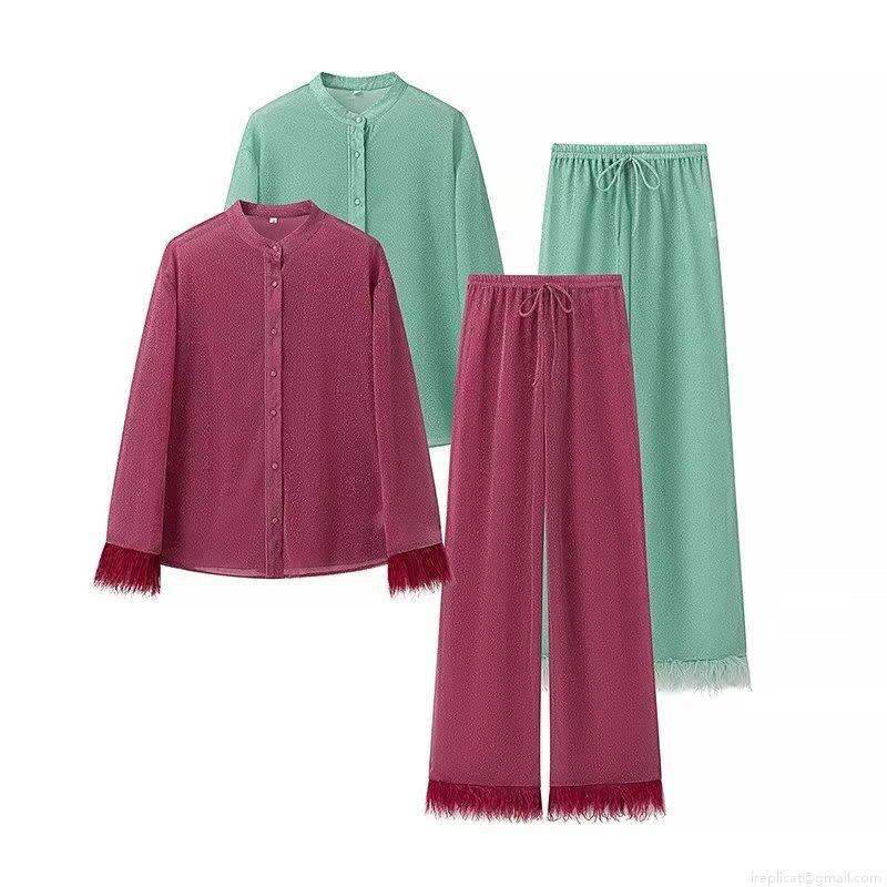 Women's Luxury Lurex Ostrich Feather Trim Shirt And Wide Leg Pants Two Piece Set Elegant Stand Collar Long Sleeve Blouse And Trousers Party Outfits Women's Luxury Lurex Ostrich Feather Trim Shirt And Wide Leg Pants Two Piece Set Elegant Stand Collar Long Sleeve Blouse And Trousers Party Outfits