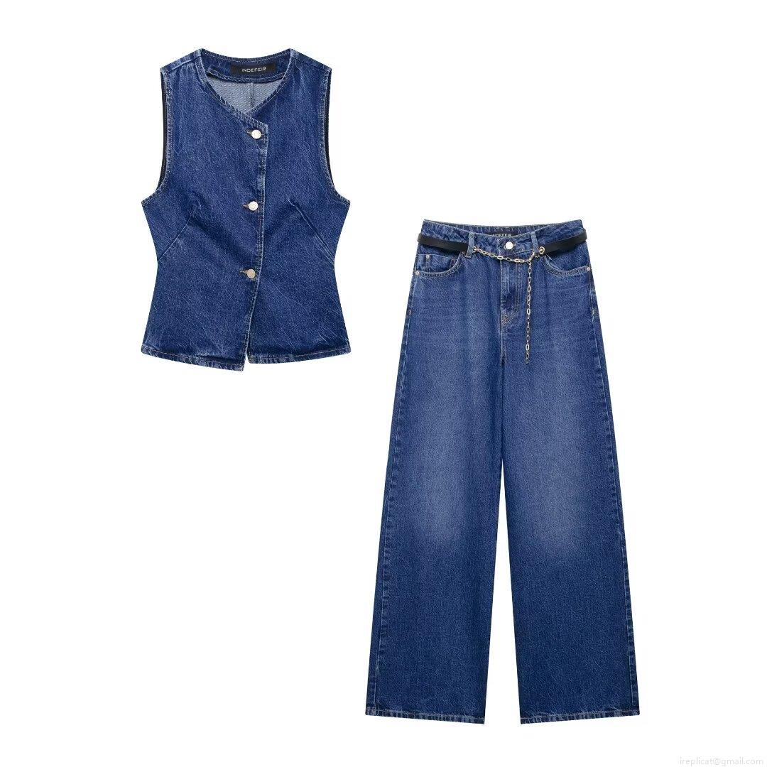 Women's Denim Two Piece Set Sleeveless V Neck Vest And High Waisted Wide Leg Jeans With Belt Metal Chain Casual Streetwear Outfit For Ladies Women's Denim Two Piece Set Sleeveless V Neck Vest And High Waisted Wide Leg Jeans With Belt Metal Chain Casual Streetwear Outfit For Ladies