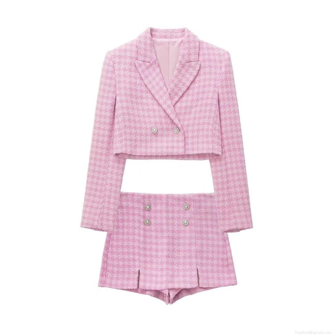 Women's Pink Houndstooth Tweed Suit Set Elegant Pearl Button Double Breasted Short Blazer And High Waist Culottes Two Piece Outfits For Office Party Lady Women's Pink Houndstooth Tweed Suit Set Elegant Pearl Button Double Breasted Short Blazer And High Waist Culottes Two Piece Outfits For Office Party Lady