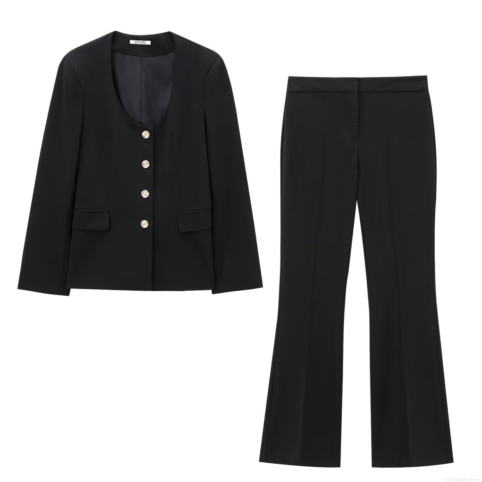 Women's 2 Piece Blazer Pants Set Elegant Round Neck Long Sleeve Metal Button Blazer High Waist Flare Pants Business Office Casual Streetwear Women's 2 Piece Blazer Pants Set Elegant Round Neck Long Sleeve Metal Button Blazer High Waist Flare Pants Business Office Casual Streetwear
