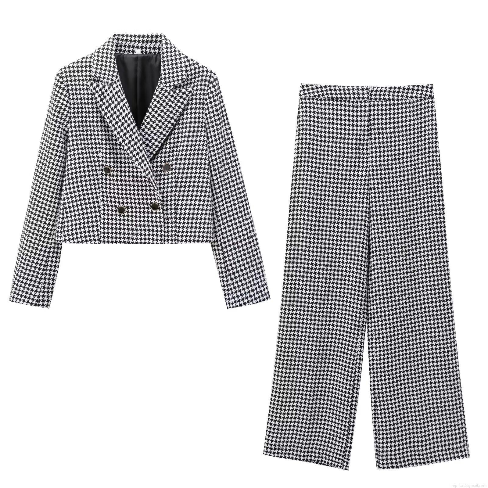 Women's 2 Piece Houndstooth Outfits Sets Cropped Double Breasted Blazer Jacket and High Waist Wide Leg Pants Polyester Tweed Suits for Commute Streetwear Women's 2 Piece Houndstooth Outfits Sets Cropped Double Breasted Blazer Jacket and High Waist Wide Leg Pants Polyester Tweed Suits for Commute Streetwear