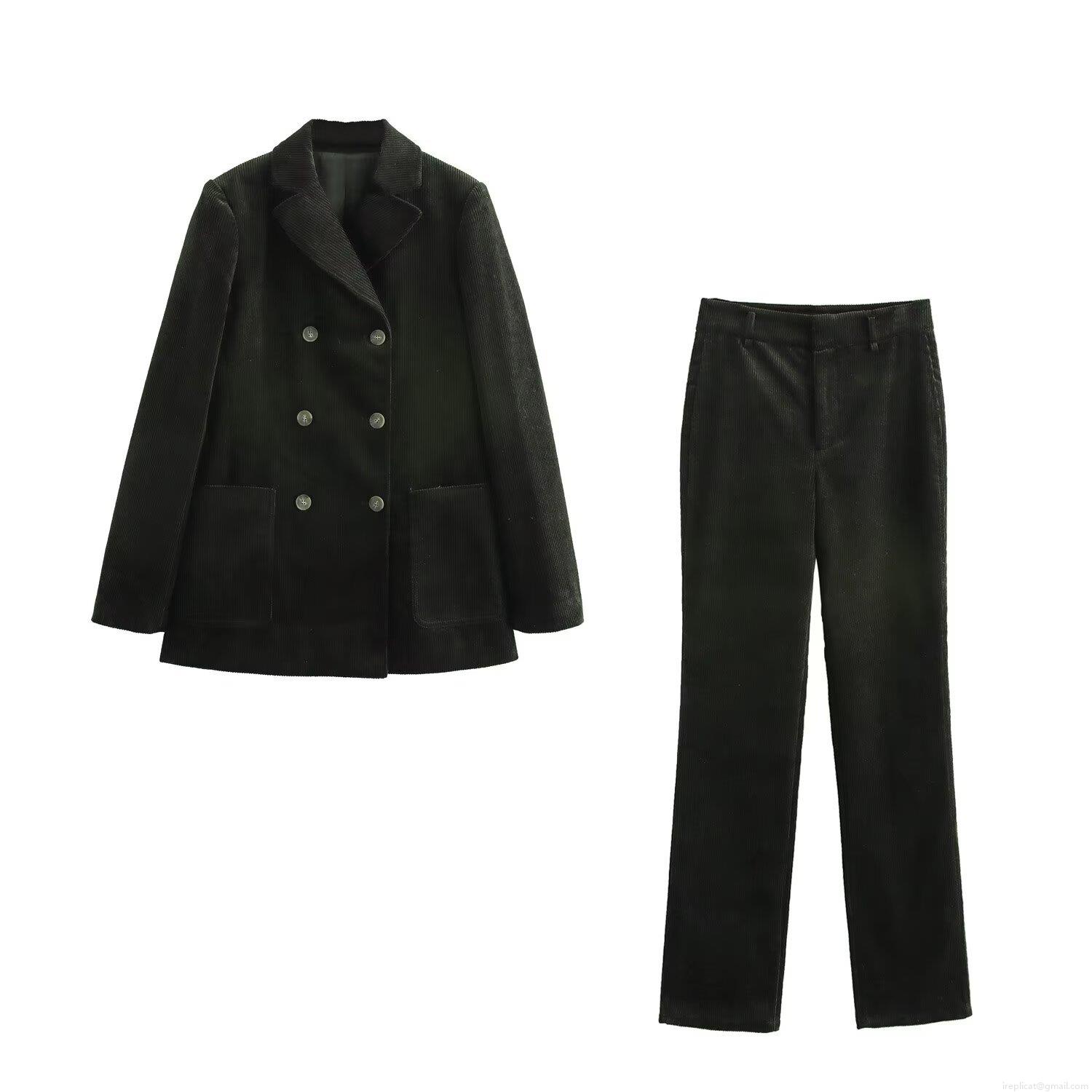 Women's Vintage Corduroy Double Breasted Blazer And Straight Leg Pants Two Piece Set Solid Color Casual Winter Streetwear Suit For Office Lady Women's Vintage Corduroy Double Breasted Blazer And Straight Leg Pants Two Piece Set Solid Color Casual Winter Streetwear Suit For Office Lady
