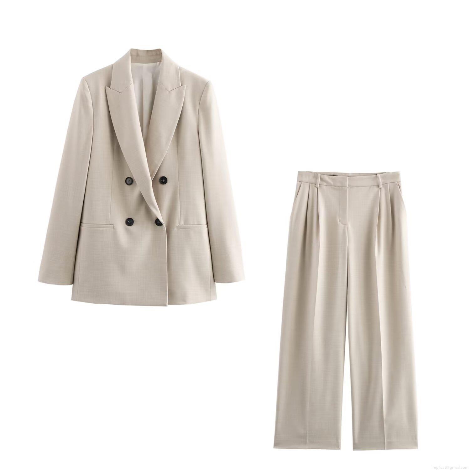 Women's 2-Piece Suit Set Elegant Double Breasted Blazer And High Waisted Wide Leg Pants Business Office Commute Outfit Streetwear Set For Ladies Beige Oatmeal Women's 2-Piece Suit Set Elegant Double Breasted Blazer And High Waisted Wide Leg Pants Business Office Commute Outfit Streetwear Set For Ladies Beige Oatmeal
