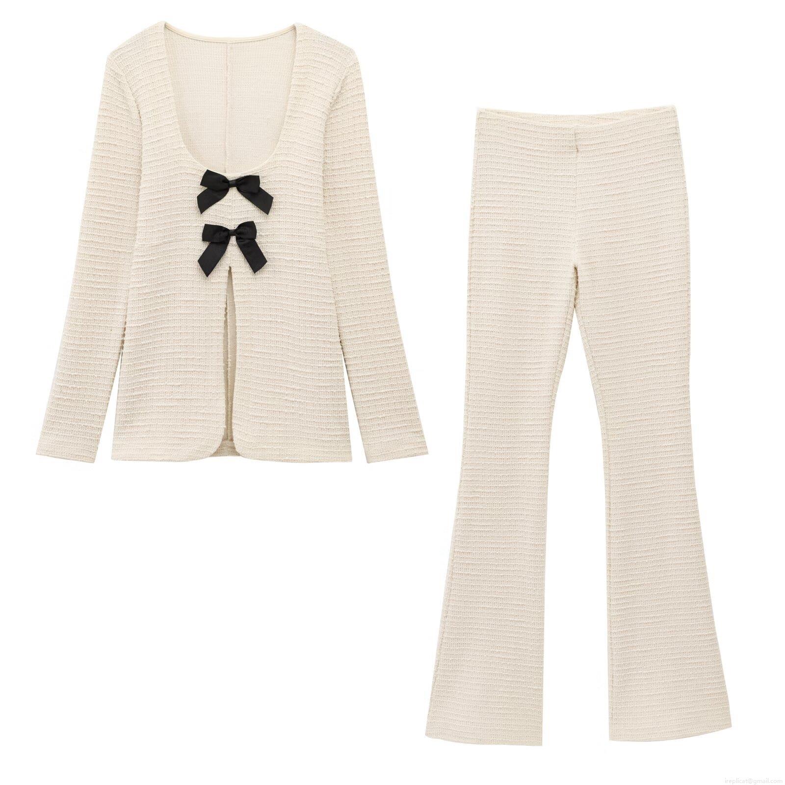 Women's 2-Piece Cotton Knit Lounge Set Long Sleeve U-Neck Top With Black Bows Ribbed Flare Pants Chic Western Streetwear Co-ords Women's 2-Piece Cotton Knit Lounge Set Long Sleeve U-Neck Top With Black Bows Ribbed Flare Pants Chic Western Streetwear Co-ords