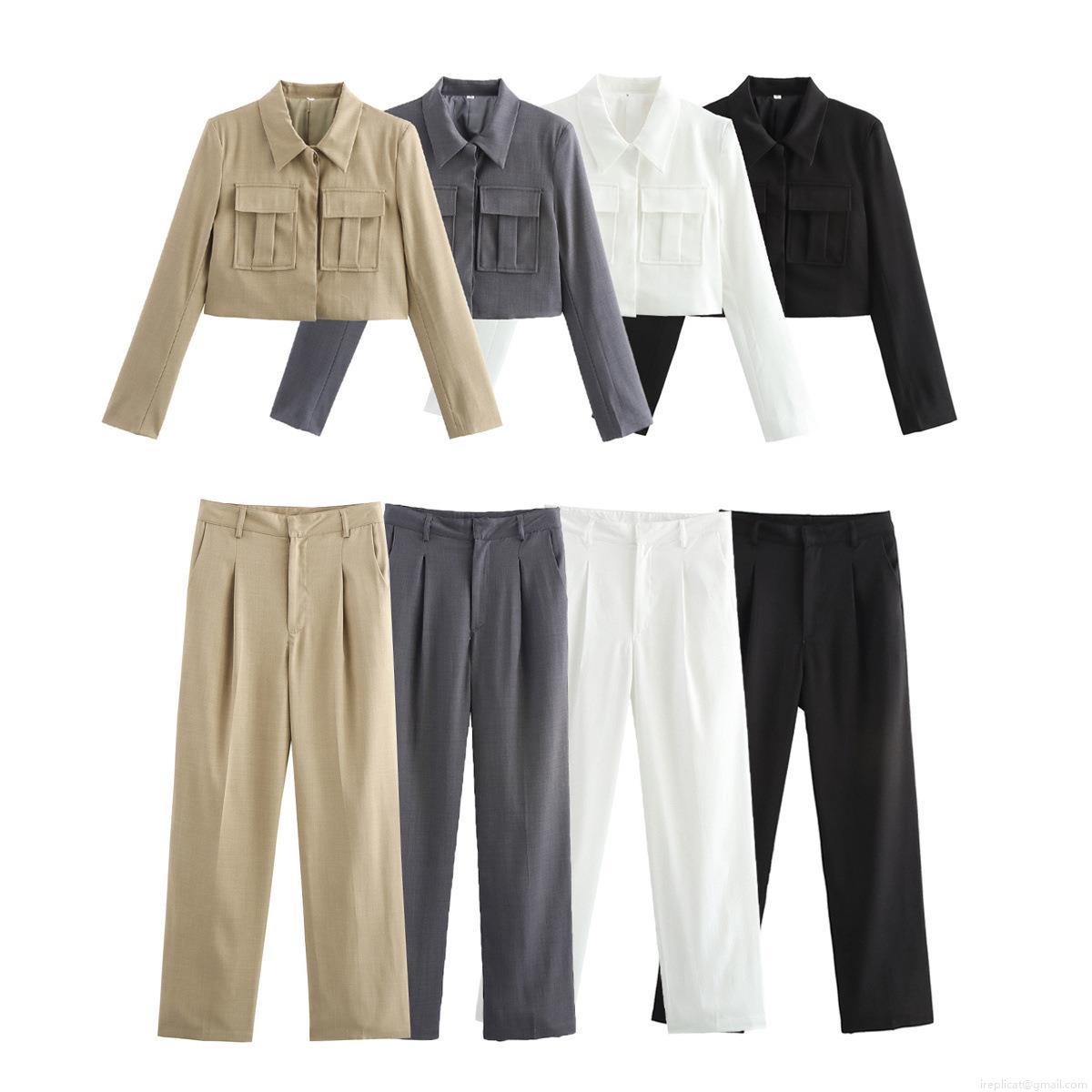 Women's Casual Two Piece Set Cropped Workwear Jacket and High Waist Wide Leg Trousers Suit Elegant Solid Color Long Sleeve Outfit Suit for Women Women's Casual Two Piece Set Cropped Workwear Jacket and High Waist Wide Leg Trousers Suit Elegant Solid Color Long Sleeve Outfit Suit for Women