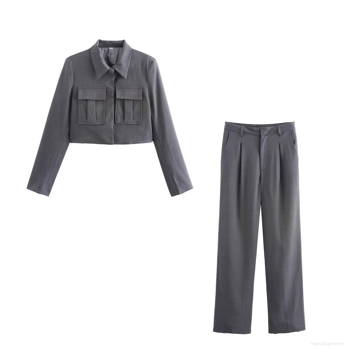 Women\'s Casual Two Piece Set Cropped Workwear Jacket and High Waist Wide Leg Trousers Suit Elegant Solid Color Long Sleeve Outfit Suit for Women