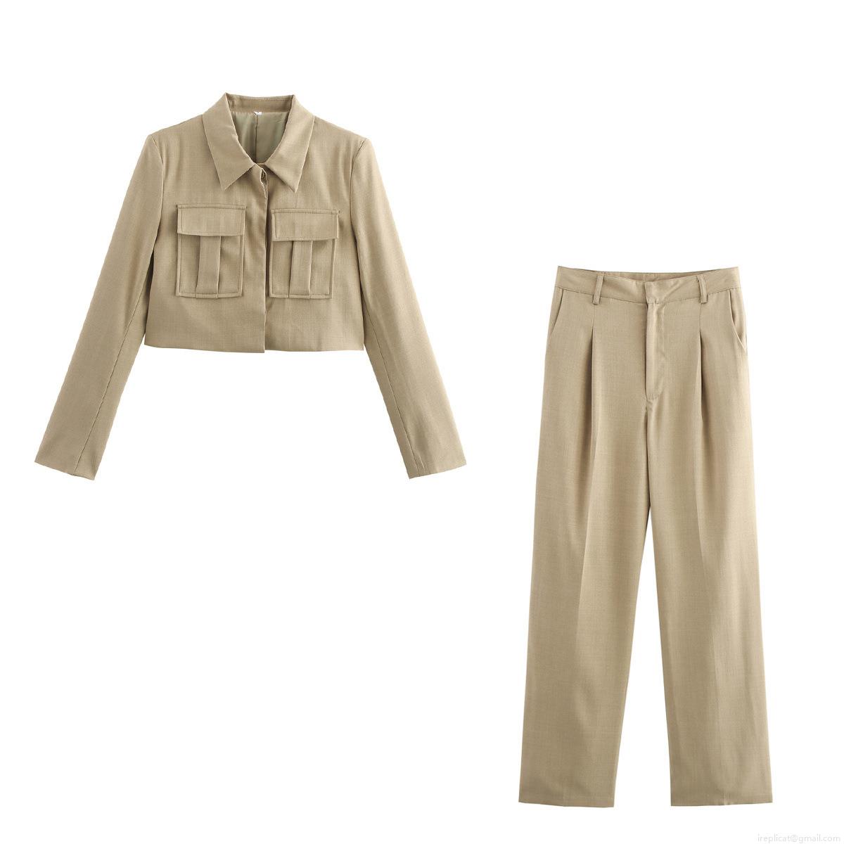Women\'s Casual Two Piece Set Cropped Workwear Jacket and High Waist Wide Leg Trousers Suit Elegant Solid Color Long Sleeve Outfit Suit for Women