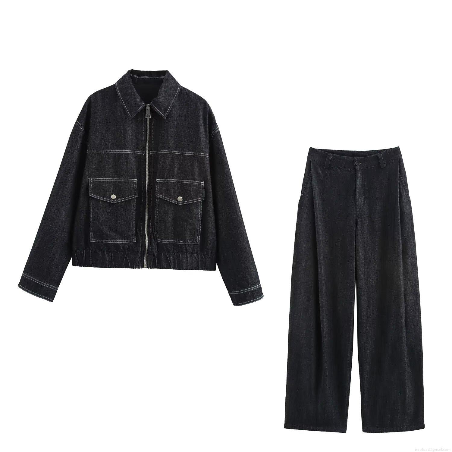 Women's Two Piece Denim Set Casual Long Sleeve Contrast Stitching Lapel Jacket With Pockets And High Waist Wide Leg Pants Streetwear Outfit For Women Women's Two Piece Denim Set Casual Long Sleeve Contrast Stitching Lapel Jacket With Pockets And High Waist Wide Leg Pants Streetwear Outfit For Women