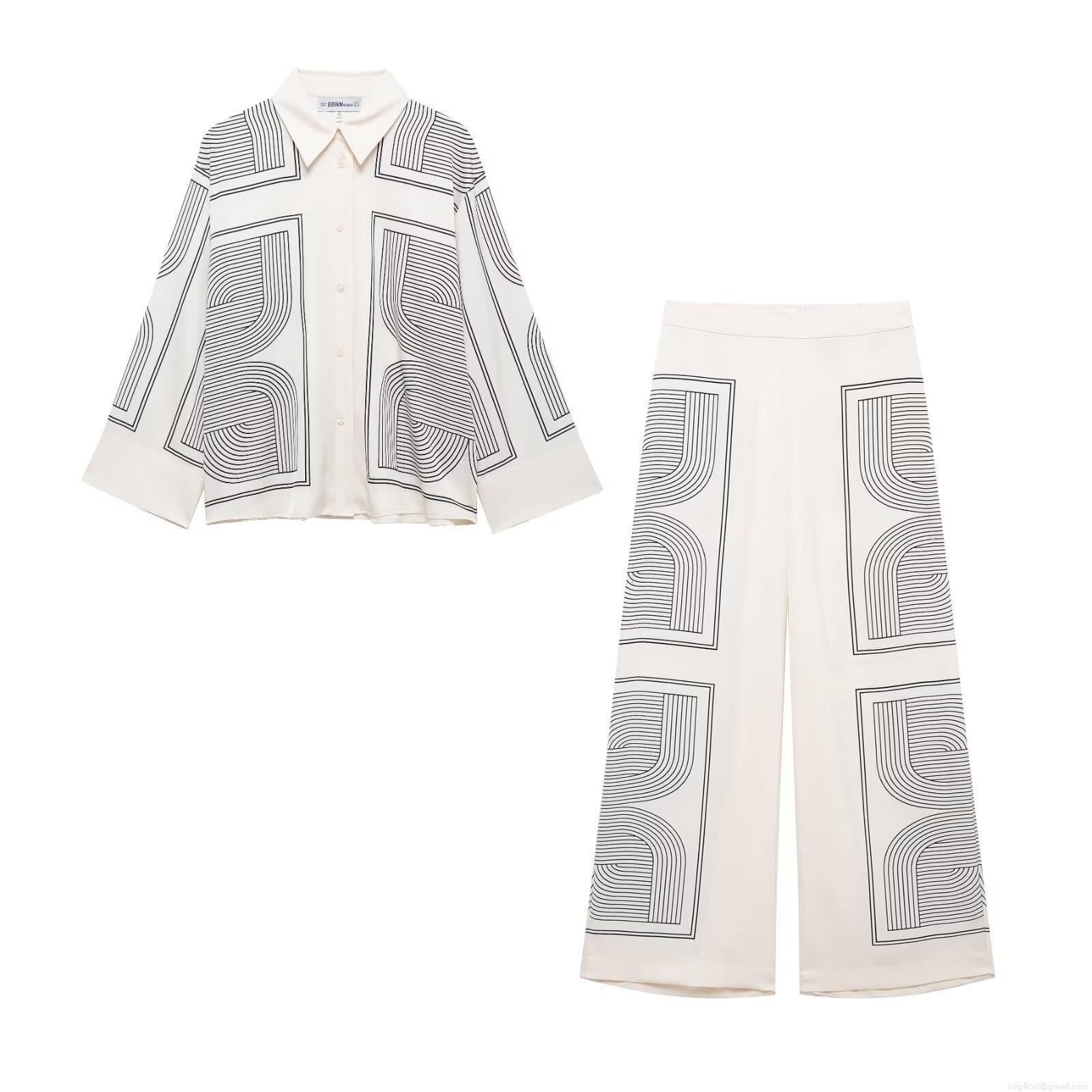 Women Shirt And Pants Set Satin Polyester Black Geometric Line Print Long Sleeve Button Down Top Wide Leg Trousers European Street Fashion Two Piece Outfit For Women Modern Minimalist Set Women Shirt And Pants Set Satin Polyester Black Geometric Line Print Long Sleeve Button Down Top Wide Leg Trousers European Street Fashion Two Piece Outfit For Women Modern Minimalist Set