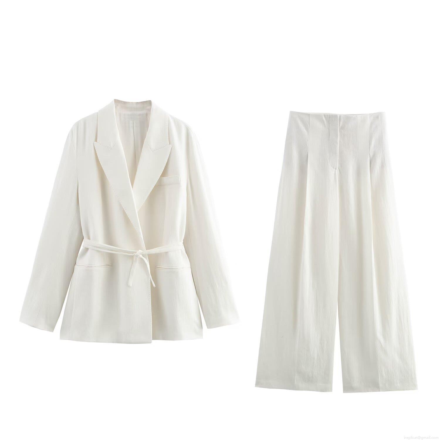 French Minimalist Women Blazer And Pants Set Linen Blend Lace-up Long Sleeve blazer High Waist Pleated Wide Leg Pants Two Piece Office Commute Suit White French Minimalist Women Blazer And Pants Set Linen Blend Lace-up Long Sleeve blazer High Waist Pleated Wide Leg Pants Two Piece Office Commute Suit White