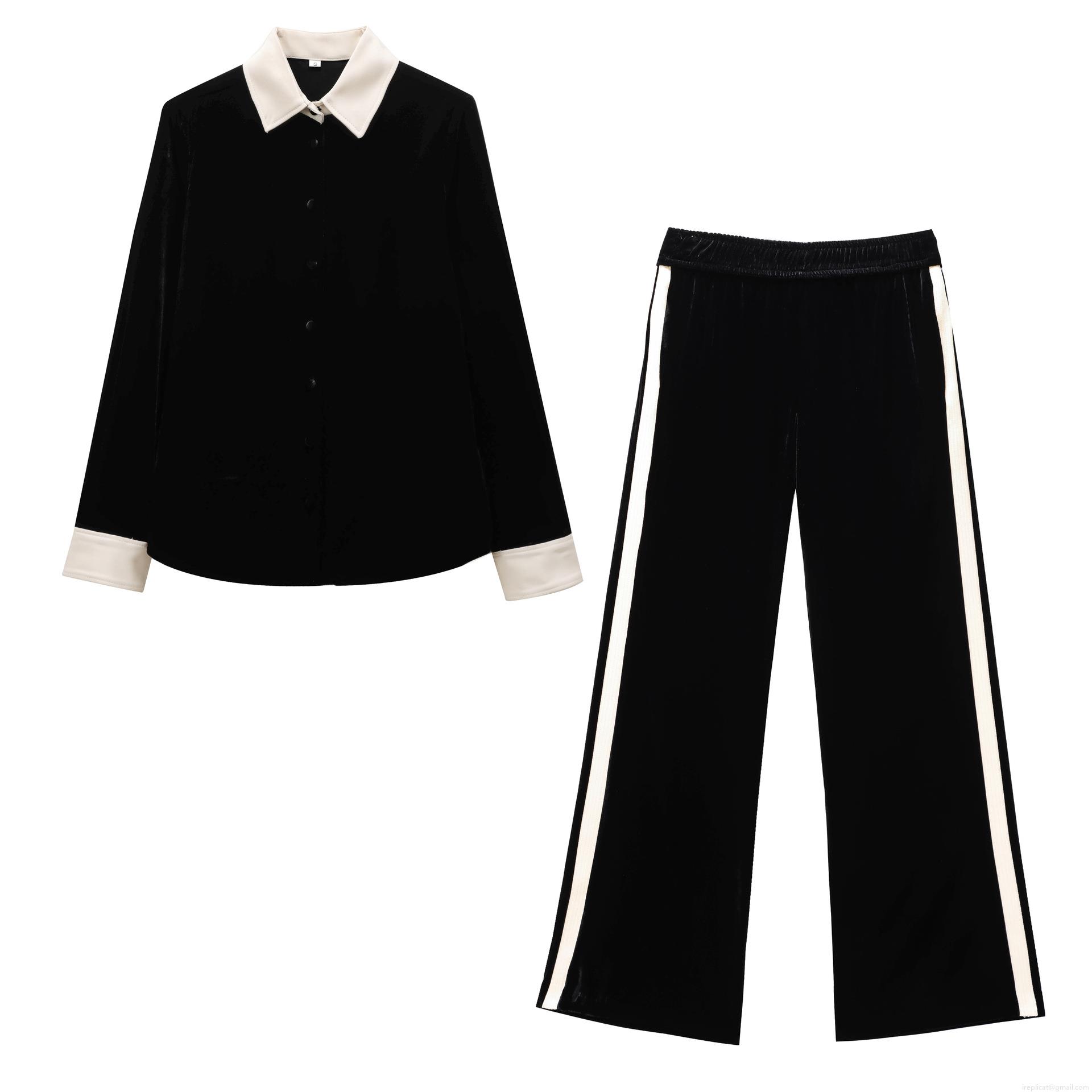 Women's Two Piece Velvet Tracksuit Set Long Sleeve Color Block Lapel Shirt and Wide Leg Pants Casual Streetwear Loungewear Set Women's Two Piece Velvet Tracksuit Set Long Sleeve Color Block Lapel Shirt and Wide Leg Pants Casual Streetwear Loungewear Set