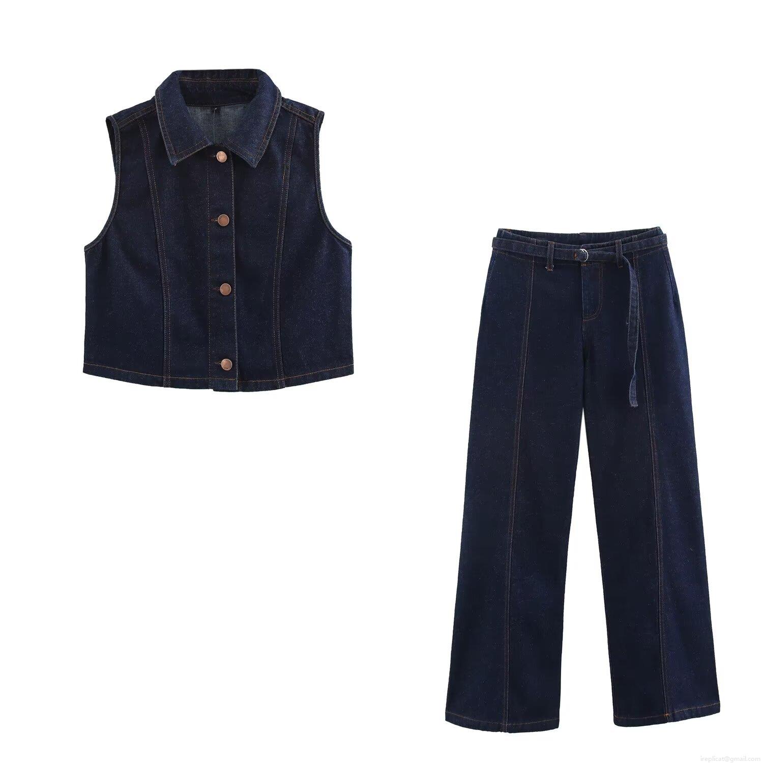 Women's Western Style Summer Denim Two Piece Set Short Denim Vest Top And High Waist Flare Pants With Belt Casual Streetwear Denim Outfits Women's Western Style Summer Denim Two Piece Set Short Denim Vest Top And High Waist Flare Pants With Belt Casual Streetwear Denim Outfits