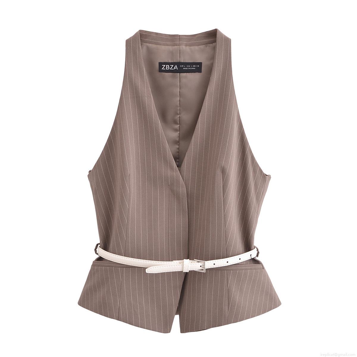 Women\'s Striped V Neck Halter Vest Top And High Waist Wide Leg Pants Two Piece Set With White Belts Polyester Casual Office Streetwear Outfits Women\'s Striped V Neck Halter Vest Top And High Waist Wide Leg Pants Two Piece Set With White Belts Polyester Casual Office Streetwear Outfits