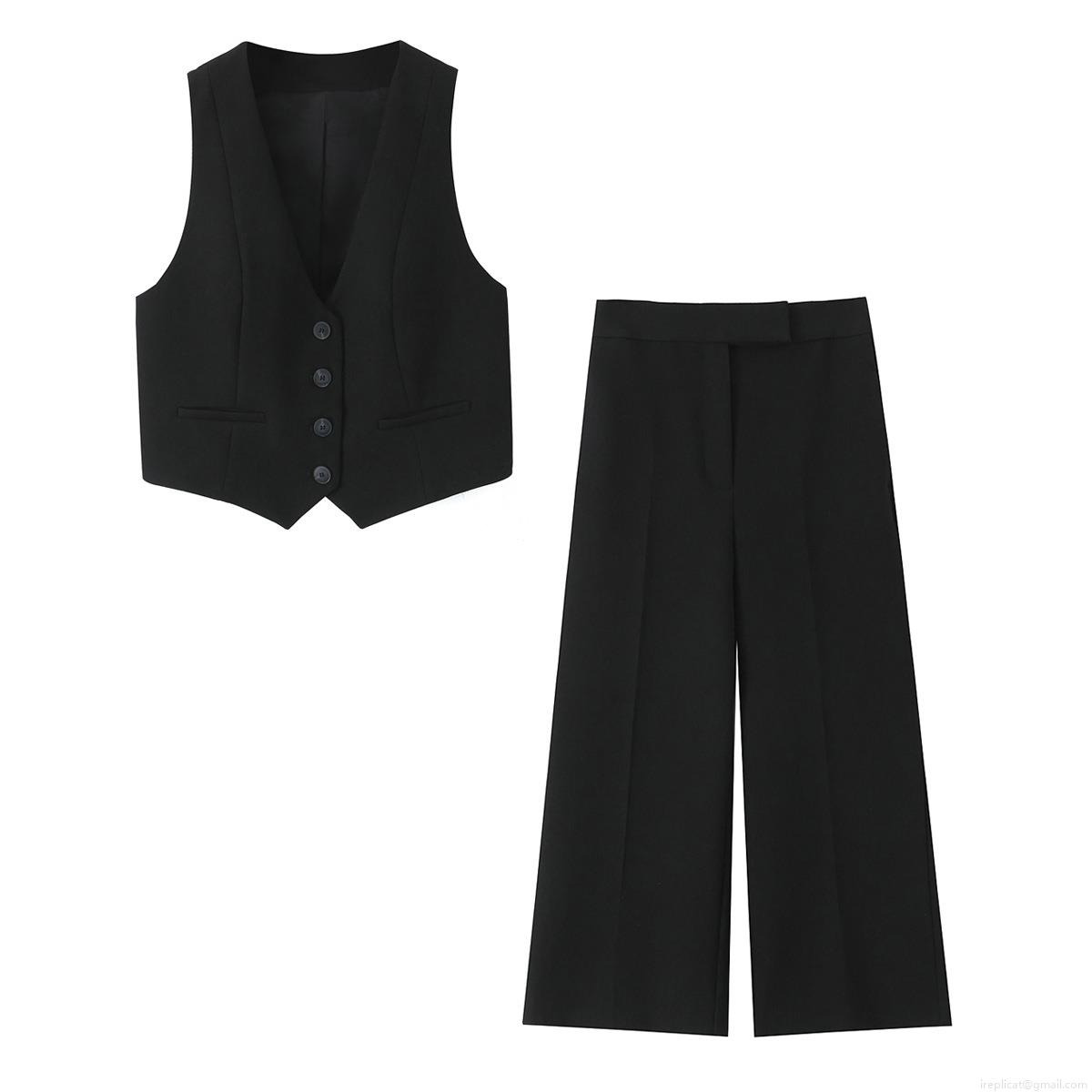 Women's 2 Piece Set V Neck Button Up Sleeveless Vest Crop Top And High Waist Wide Leg Trousers Solid Color Polyester Streetwear Fashion Outfits Women's 2 Piece Set V Neck Button Up Sleeveless Vest Crop Top And High Waist Wide Leg Trousers Solid Color Polyester Streetwear Fashion Outfits