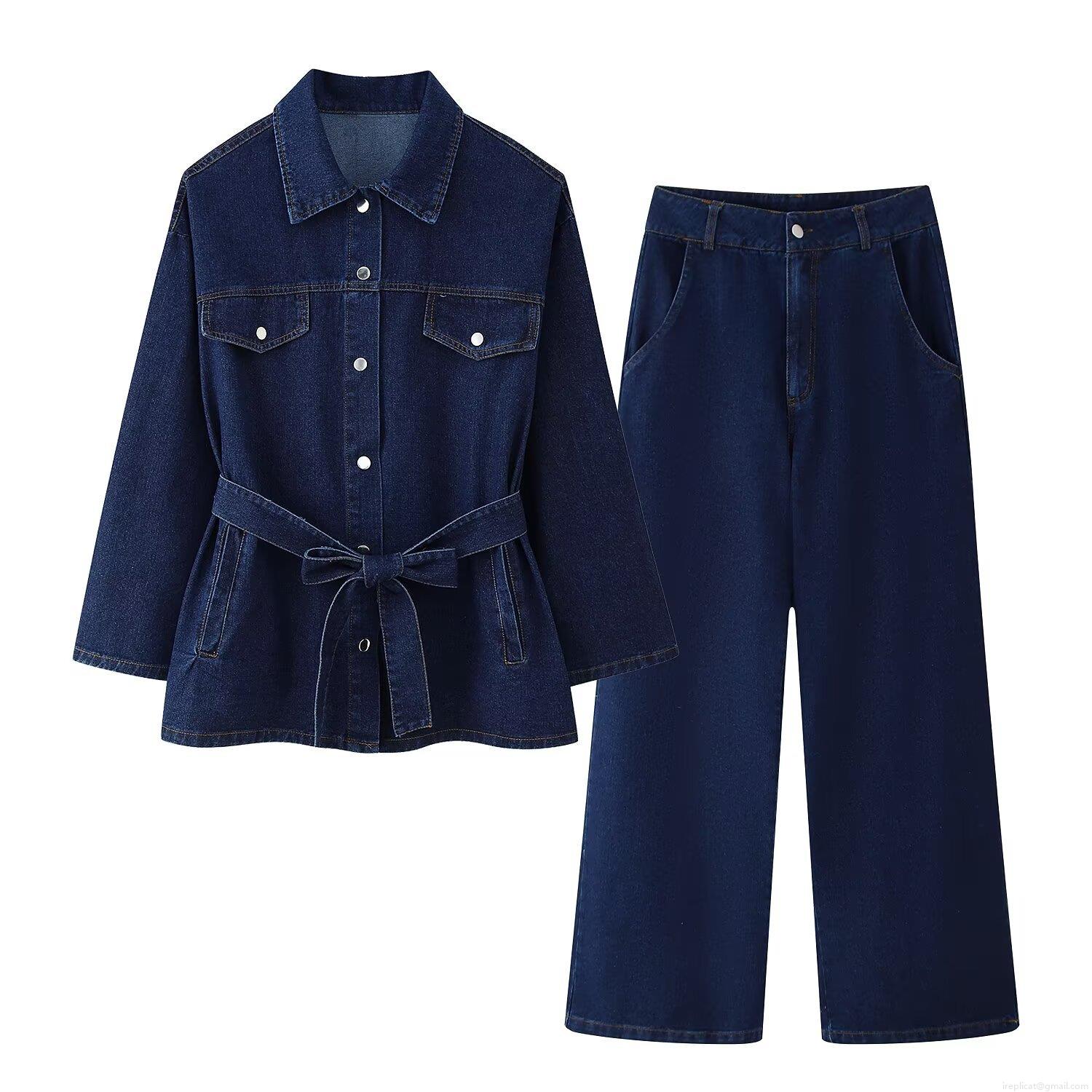 Women's Casual Denim 2 Piece Set Lapel Long Sleeve Belted Jacket And High Waist Wide Leg Jeans Solid Color Streetwear Outfits For Women Women's Casual Denim 2 Piece Set Lapel Long Sleeve Belted Jacket And High Waist Wide Leg Jeans Solid Color Streetwear Outfits For Women