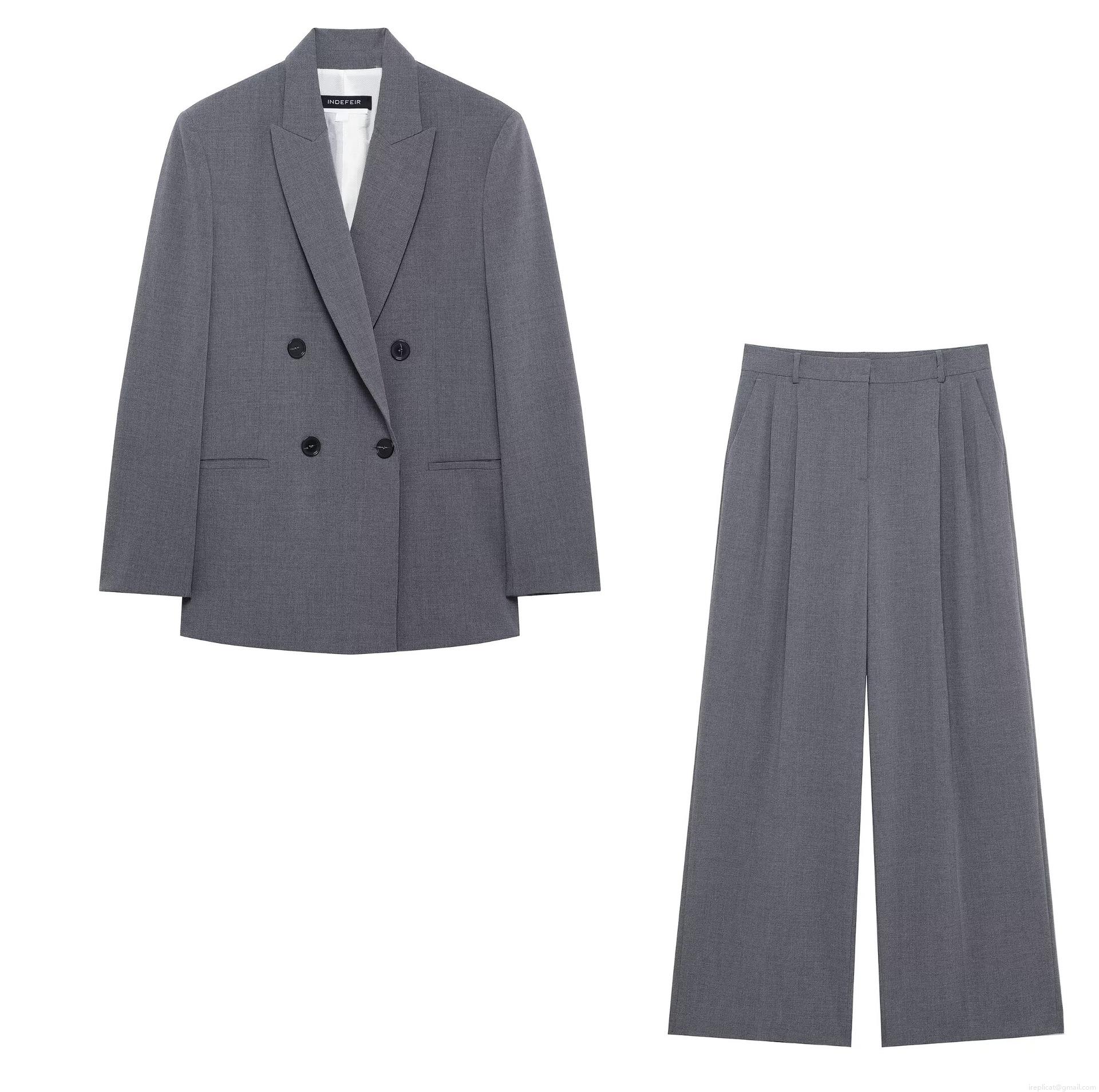 Women's 2-Piece Business Suit Double Breasted Blazer With Shoulder Pads And High Waist Pleated Wide Leg Pants Set Solid Grey Formal Office Streetwear Women's 2-Piece Business Suit Double Breasted Blazer With Shoulder Pads And High Waist Pleated Wide Leg Pants Set Solid Grey Formal Office Streetwear
