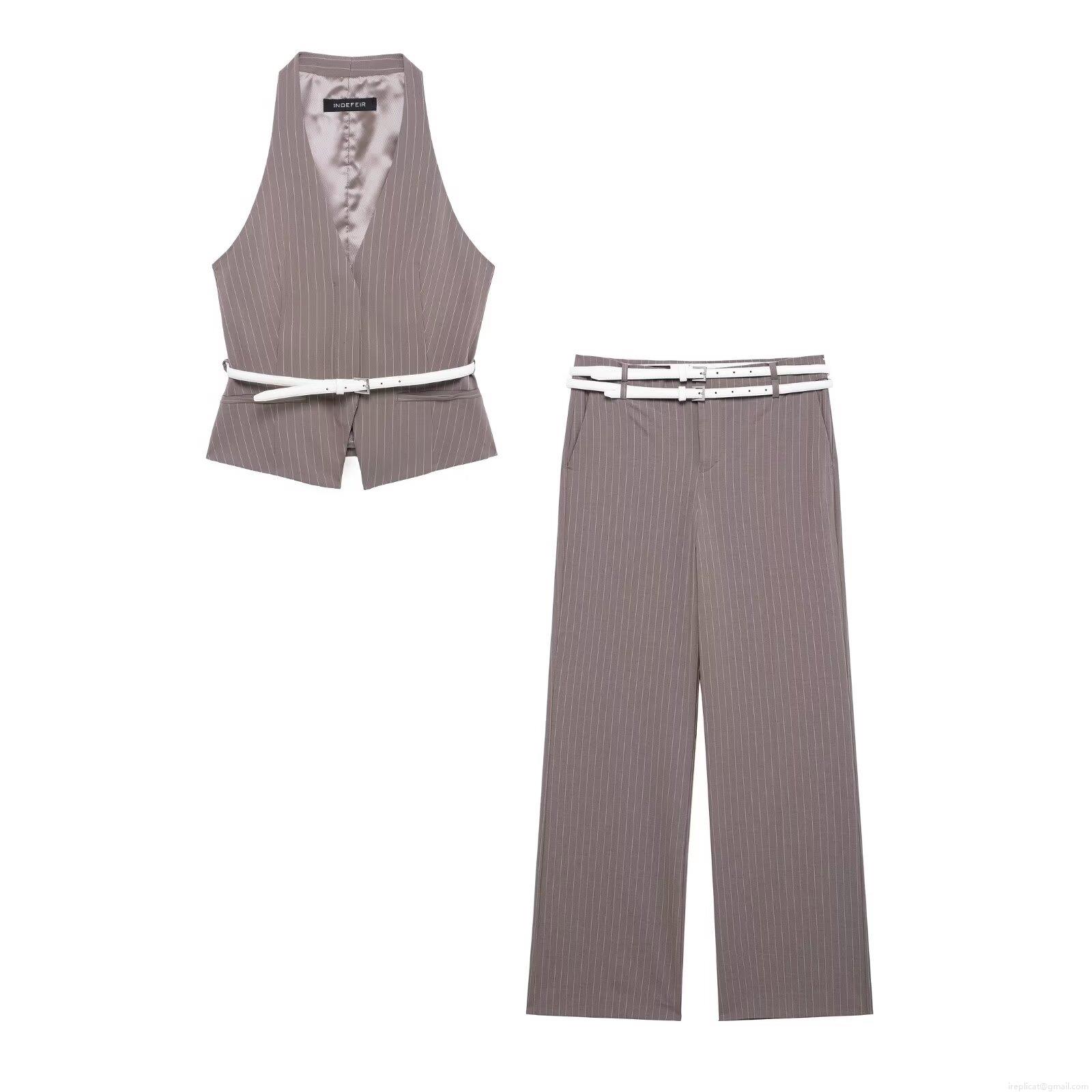 Women's 2 Piece Pinstripe Set Elegant Halter Neck Vest Waistcoat with Belt and High Waist Straight Wide Leg Trousers for Office Business Party Streetwear Outfit Women's 2 Piece Pinstripe Set Elegant Halter Neck Vest Waistcoat with Belt and High Waist Straight Wide Leg Trousers for Office Business Party Streetwear Outfit