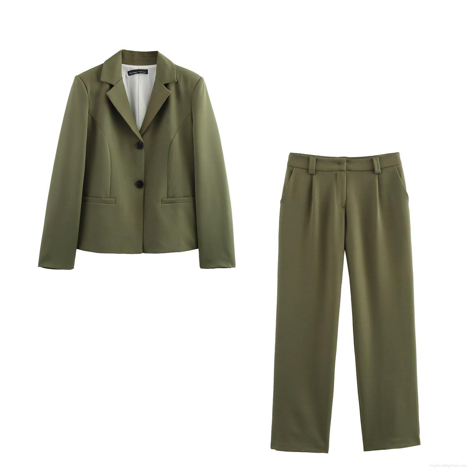 Women's Olive Green Blazer and Straight Leg Pants Set Two Piece Office Lady Business Suit Elegant European Style Professional Workwear Outfit Women's Olive Green Blazer and Straight Leg Pants Set Two Piece Office Lady Business Suit Elegant European Style Professional Workwear Outfit