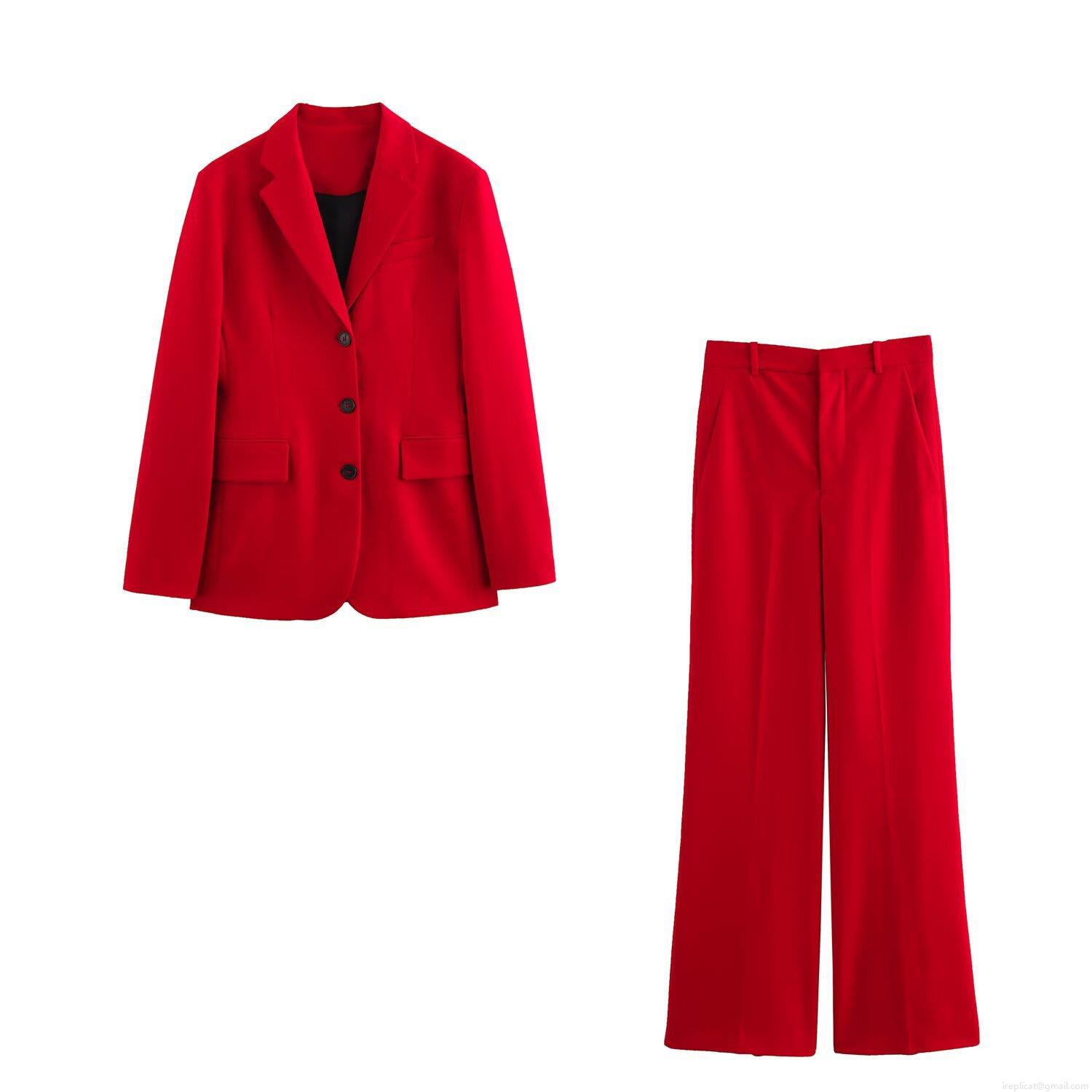 Women's Two Piece Blazer Pants Suit Set Solid Red Notched Lapel Long Sleeve Blazer And High Waist Wide Leg Pants Casual Business Office Workwear Set Women's Two Piece Blazer Pants Suit Set Solid Red Notched Lapel Long Sleeve Blazer And High Waist Wide Leg Pants Casual Business Office Workwear Set