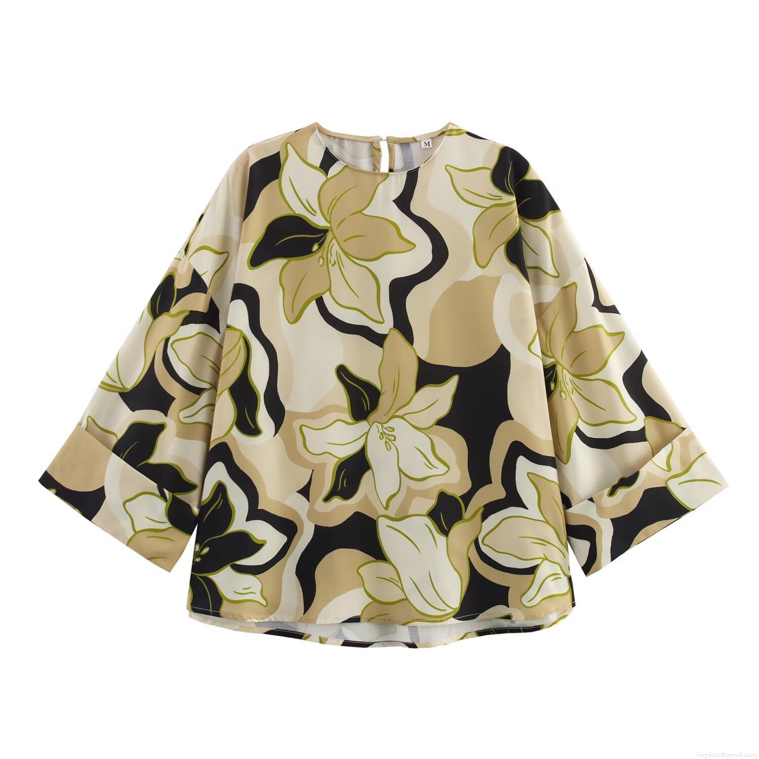 Women\'s Polyester Floral Print Shirt and Pants Two Piece Set Casual Long Sleeve Oversized Blouse and Wide Leg Trousers Spring Streetwear Outfits
