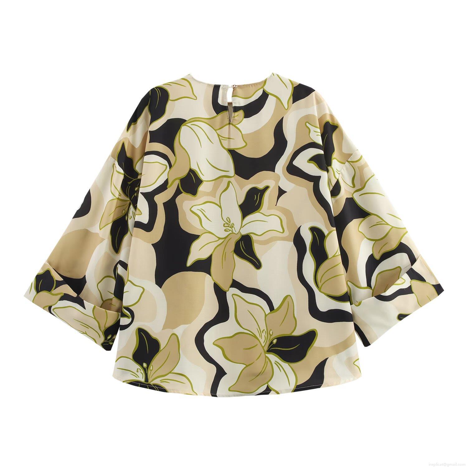 Women\'s Polyester Floral Print Shirt and Pants Two Piece Set Casual Long Sleeve Oversized Blouse and Wide Leg Trousers Spring Streetwear Outfits